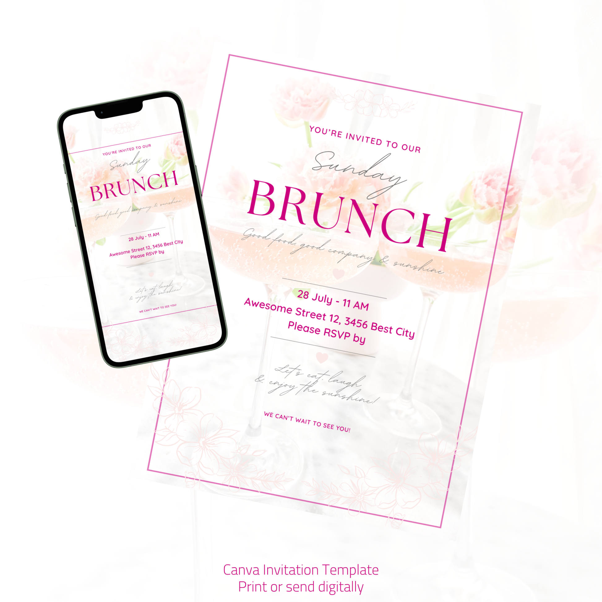Brunch Invitation, brunch invitation canva template, elegant brunch invite, pink brunch invitation, champagne birthday invite, bridal shower invitation, baby shower invite canva, ladies brunch party invite, editable brunch template, digital brunch invitation, printable brunch invite, hen party invitation, birthday brunch invite, instant download invite, soft pink party invitation, canva party template, Brunch Einladung, editable printable invitation