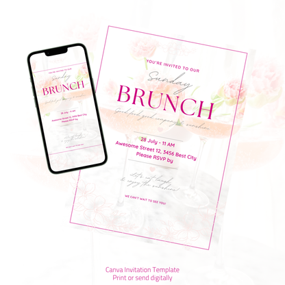 Brunch Invitation, brunch invitation canva template, elegant brunch invite, pink brunch invitation, champagne birthday invite, bridal shower invitation, baby shower invite canva, ladies brunch party invite, editable brunch template, digital brunch invitation, printable brunch invite, hen party invitation, birthday brunch invite, instant download invite, soft pink party invitation, canva party template, Brunch Einladung, editable printable invitation