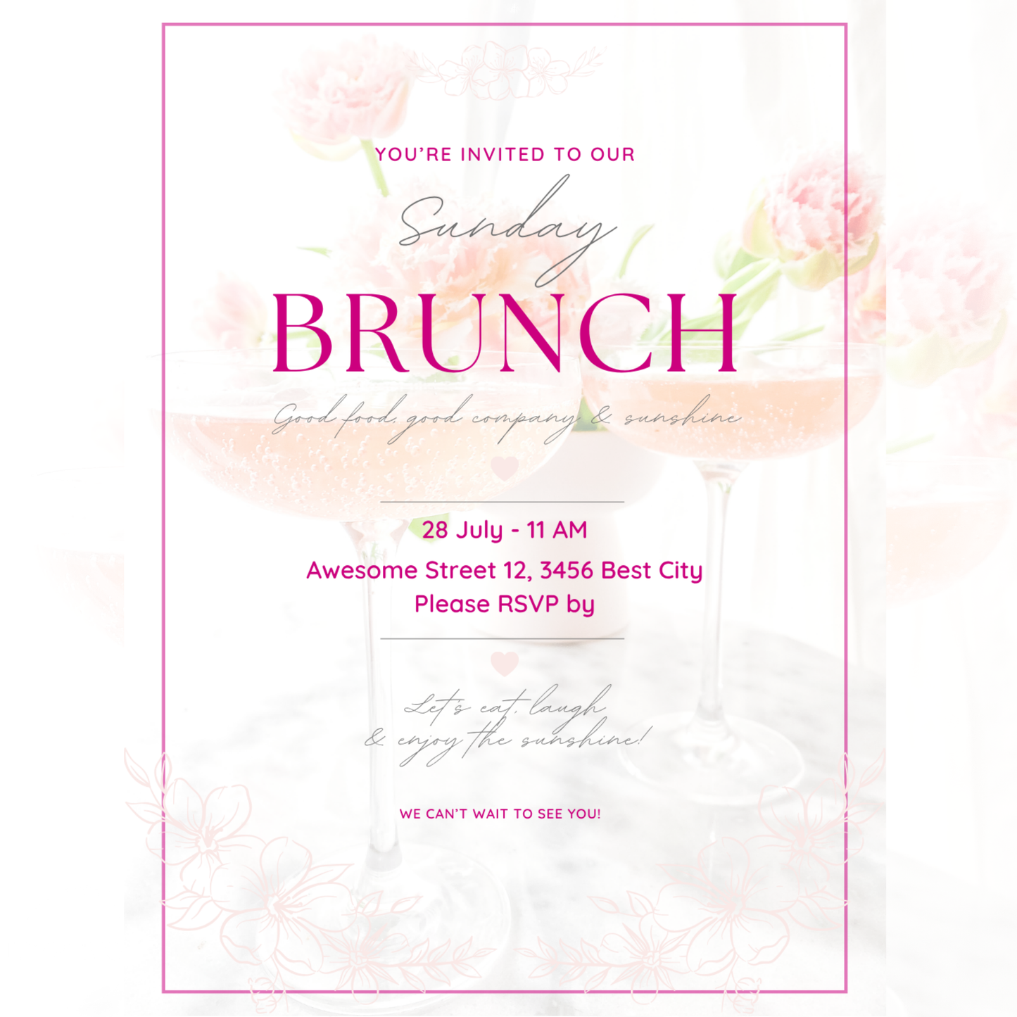Brunch Invitation, brunch invitation canva template, elegant brunch invite, pink brunch invitation, champagne birthday invite, bridal shower invitation, baby shower invite canva, ladies brunch party invite, editable brunch template, digital brunch invitation, printable brunch invite, hen party invitation, birthday brunch invite, instant download invite, soft pink party invitation, canva party template, Brunch Einladung, editable printable invitation