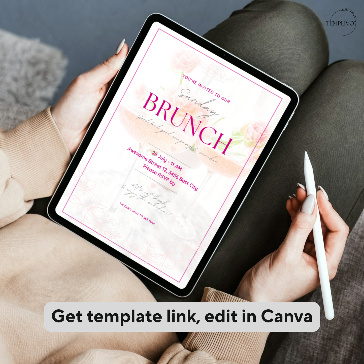 Brunch Invitation, brunch invitation canva template, elegant brunch invite, pink brunch invitation, champagne birthday invite, bridal shower invitation, baby shower invite canva, ladies brunch party invite, editable brunch template, digital brunch invitation, printable brunch invite, hen party invitation, birthday brunch invite, instant download invite, soft pink party invitation, canva party template, Brunch Einladung, editable printable invitation