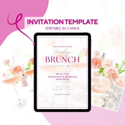 Brunch Invitation, brunch invitation canva template, elegant brunch invite, pink brunch invitation, champagne birthday invite, bridal shower invitation, baby shower invite canva, ladies brunch party invite, editable brunch template, digital brunch invitation, printable brunch invite, hen party invitation, birthday brunch invite, instant download invite, soft pink party invitation, canva party template, Brunch Einladung, editable printable invitation