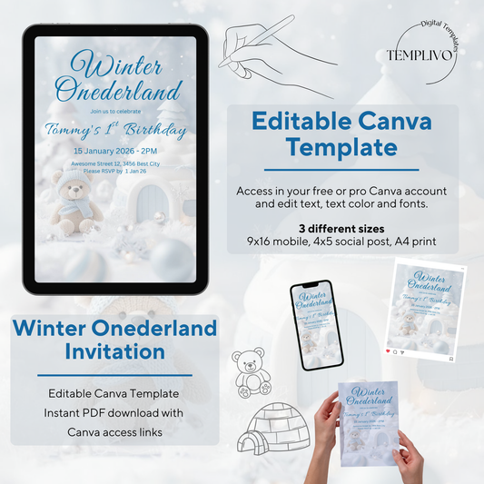Winter Onederland Invitation, Birthday Invitation, Canva template, Canva Invitation, Winter Onederland, digital template, first birthday boy, 1st birthday, winter invite, polar bear invite, iglu invite, boy winter invite, birthday party, Geburtstagsparty Einladung, Canva Einladung