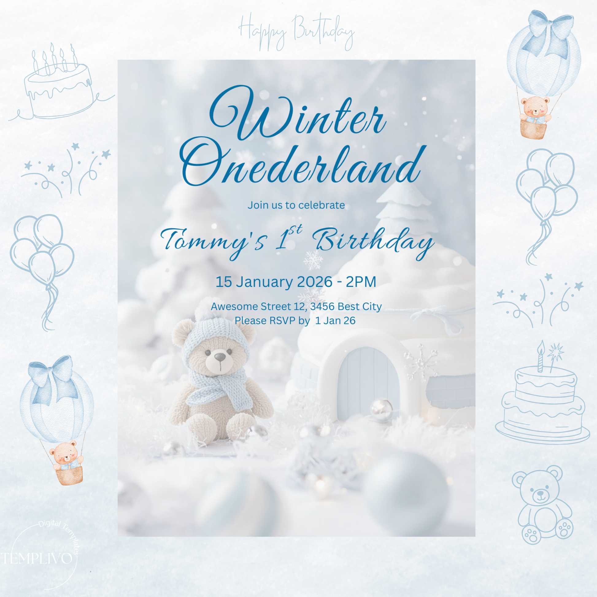 Winter Onederland Invitation, Birthday Invitation, Canva template, Canva Invitation, Winter Onederland, digital template, first birthday boy, 1st birthday, winter invite, polar bear invite, iglu invite, boy winter invite, birthday party, Geburtstagsparty Einladung, Canva Einladung