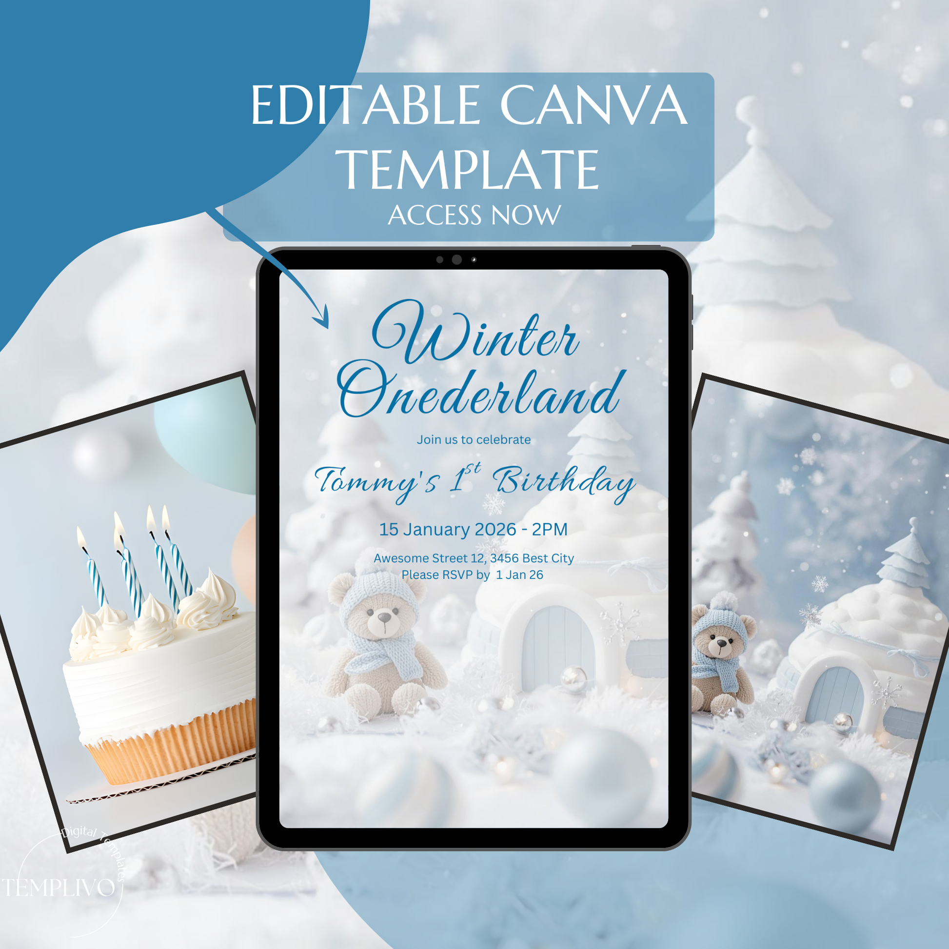Winter Onederland Invitation, Birthday Invitation, Canva template, Canva Invitation, Winter Onederland, digital template, first birthday boy, 1st birthday, winter invite, polar bear invite, iglu invite, boy winter invite, birthday party, Geburtstagsparty Einladung, Canva Einladung