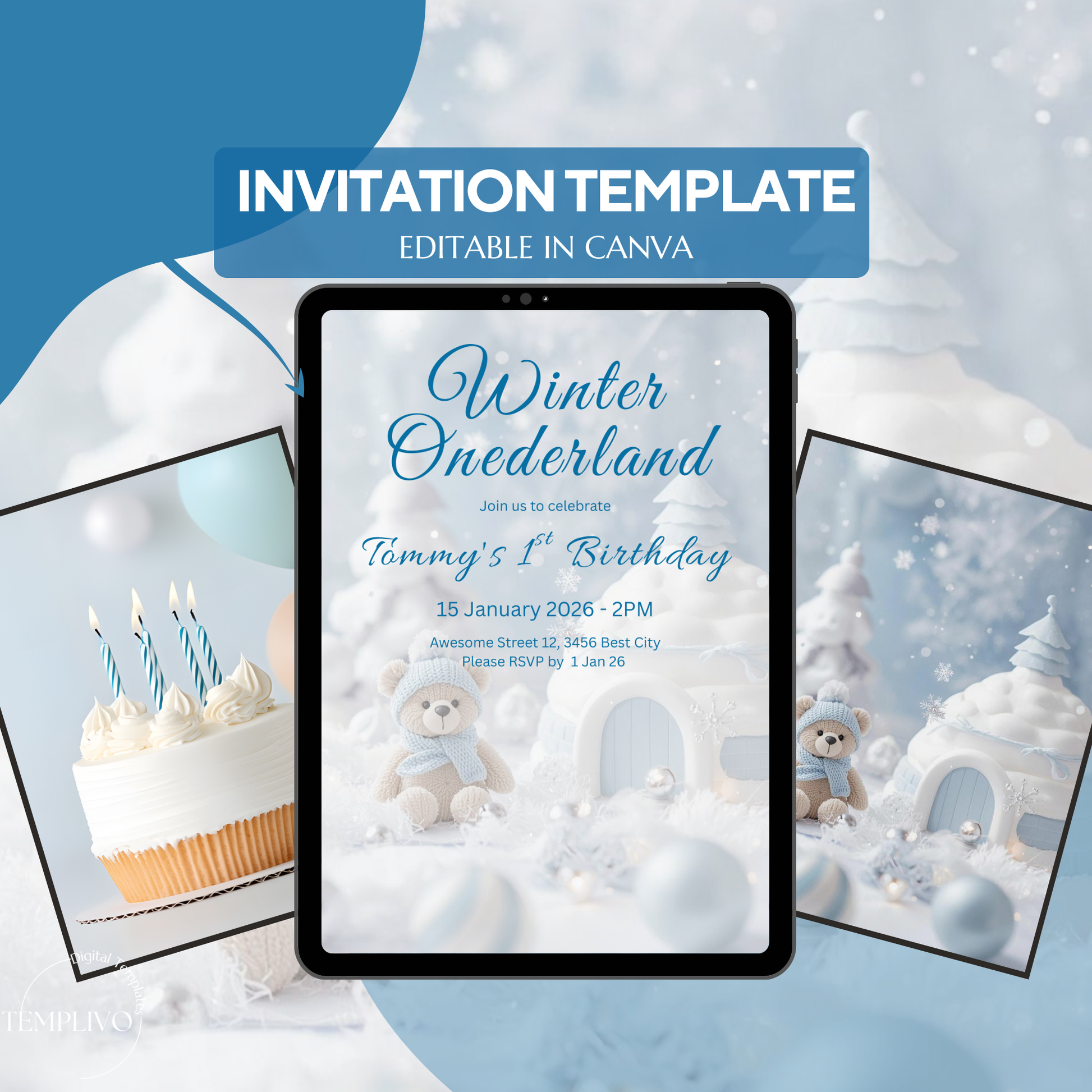 Winter Onederland Invitation, Birthday Invitation, Canva template, Canva Invitation, Winter Onederland, digital template, first birthday boy, 1st birthday, winter invite, polar bear invite, iglu invite, boy winter invite, birthday party, Geburtstagsparty Einladung, Canva Einladung, birthday invitation template