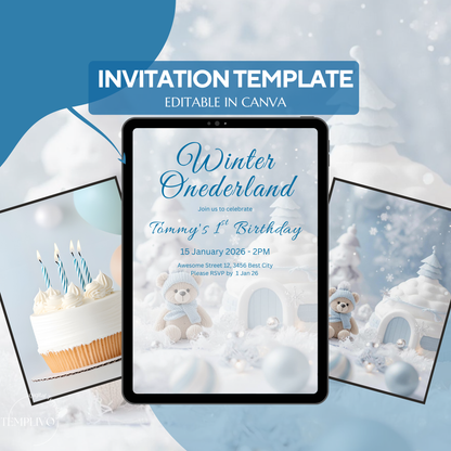 Winter Onederland Invitation, Birthday Invitation, Canva template, Canva Invitation, Winter Onederland, digital template, first birthday boy, 1st birthday, winter invite, polar bear invite, iglu invite, boy winter invite, birthday party, Geburtstagsparty Einladung, Canva Einladung, birthday invitation template