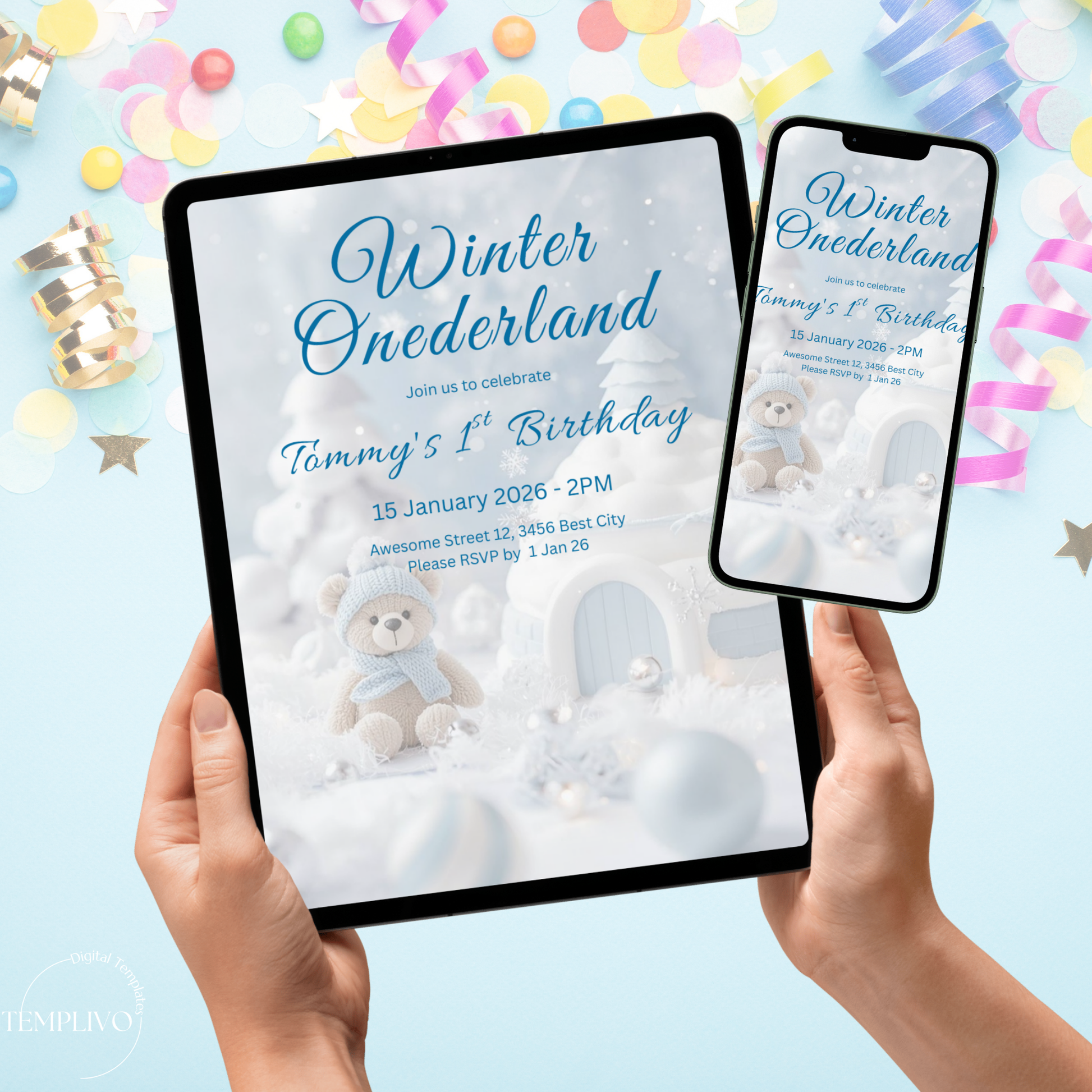 Winter Onederland Invitation, Birthday Invitation, Canva template, Canva Invitation, Winter Onederland, digital template, first birthday boy, 1st birthday, winter invite, polar bear invite, iglu invite, boy winter invite, birthday party, Geburtstagsparty Einladung, Canva Einladung