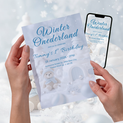 Winter Onederland Invitation, Birthday Invitation, Canva template, Canva Invitation, Winter Onederland, digital template, first birthday boy, 1st birthday, winter invite, polar bear invite, iglu invite, boy winter invite, birthday party, Geburtstagsparty Einladung, Canva Einladung