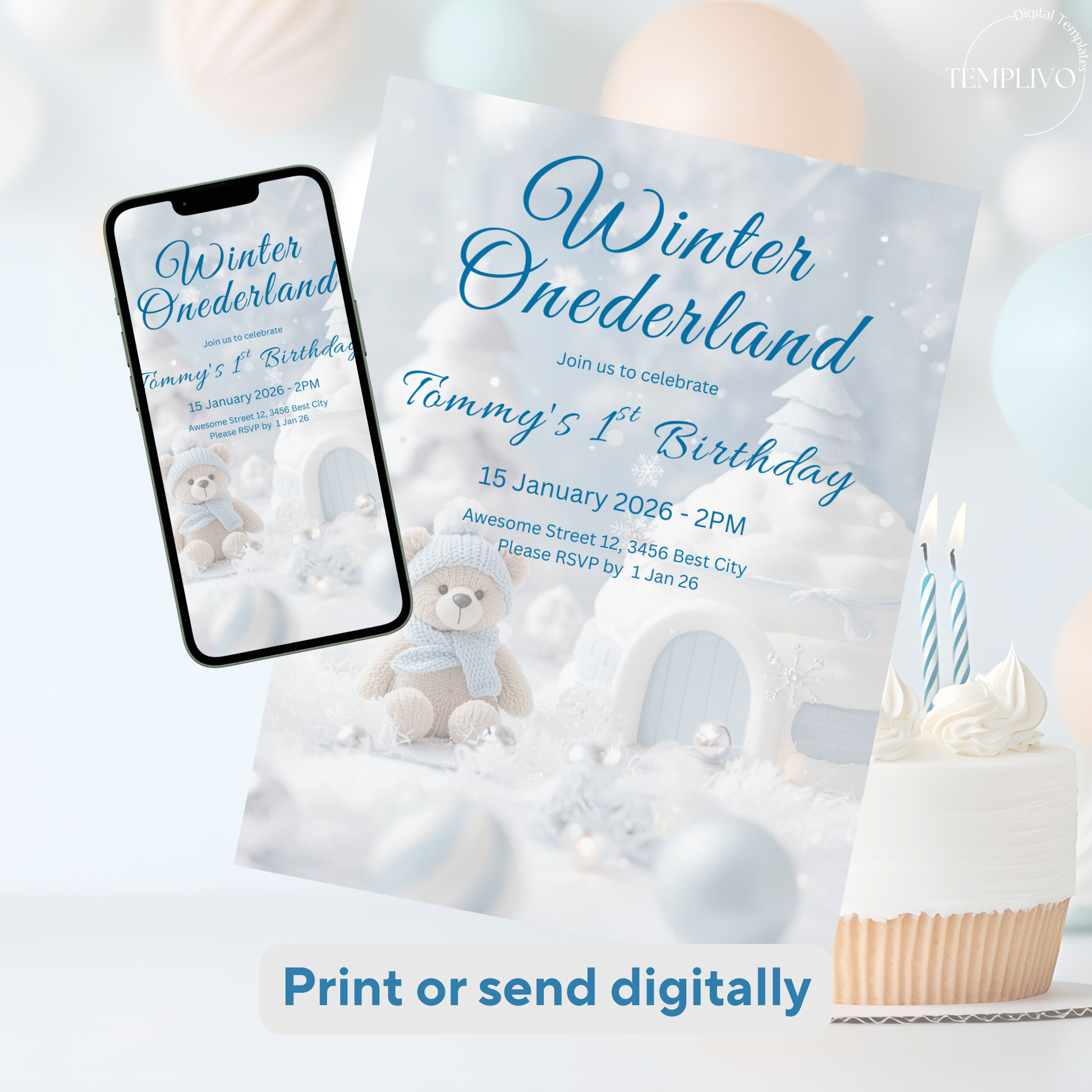 Winter Onederland Invitation, Birthday Invitation, Canva template, Canva Invitation, Winter Onederland, digital template, first birthday boy, 1st birthday, winter invite, polar bear invite, iglu invite, boy winter invite, birthday party, Geburtstagsparty Einladung, Canva Einladung