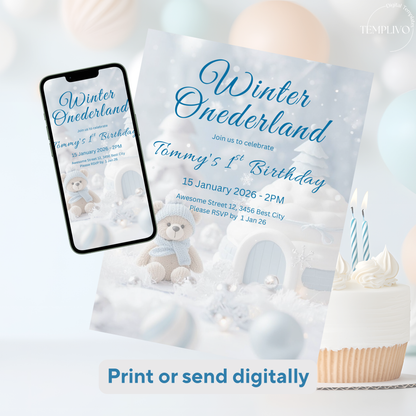 Winter Onederland Invitation, Birthday Invitation, Canva template, Canva Invitation, Winter Onederland, digital template, first birthday boy, 1st birthday, winter invite, polar bear invite, iglu invite, boy winter invite, birthday party, Geburtstagsparty Einladung, Canva Einladung