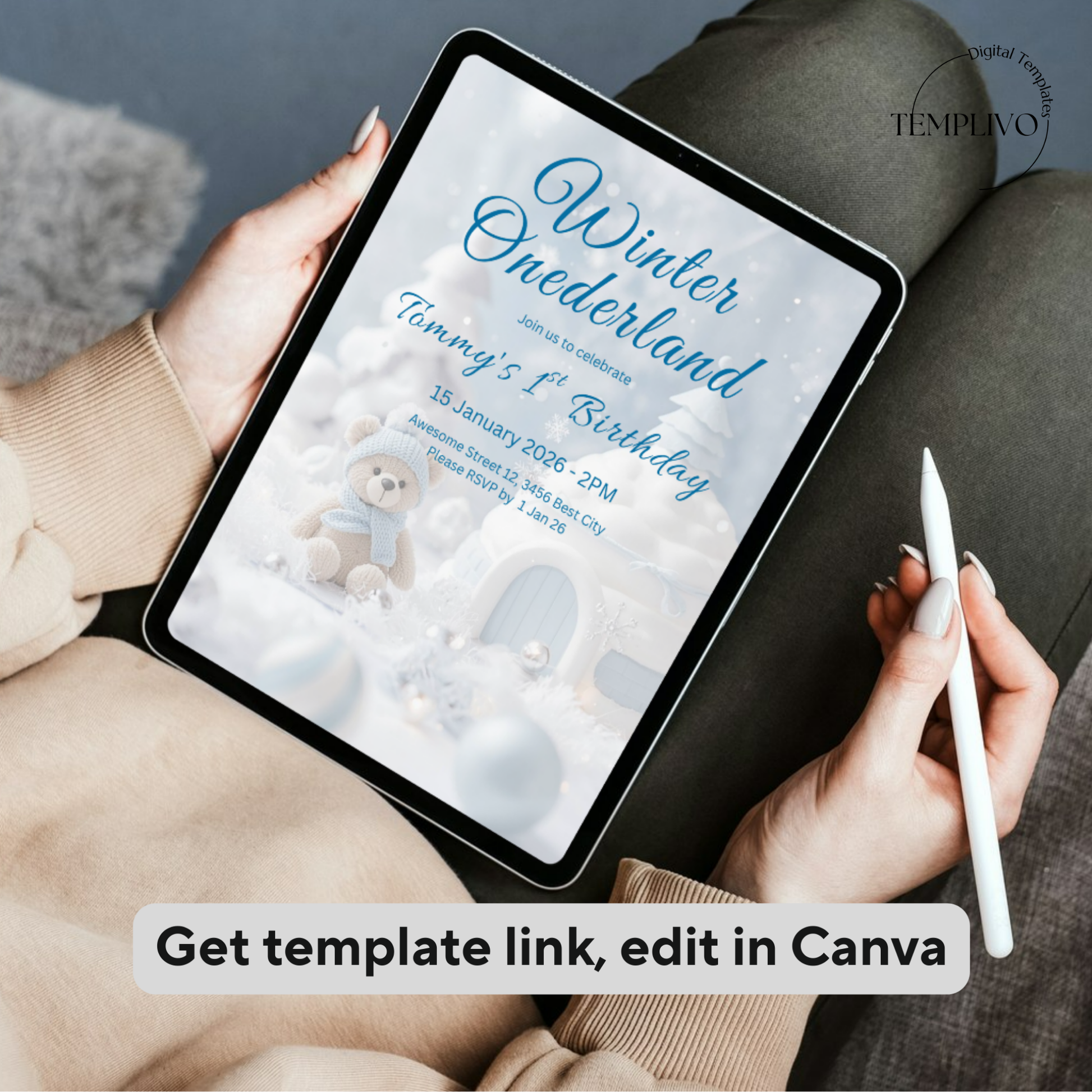 Winter Onederland Invitation, Birthday Invitation, Canva template, Canva Invitation, Winter Onederland, digital template, first birthday boy, 1st birthday, winter invite, polar bear invite, iglu invite, boy winter invite, birthday party, Geburtstagsparty Einladung, Canva Einladung