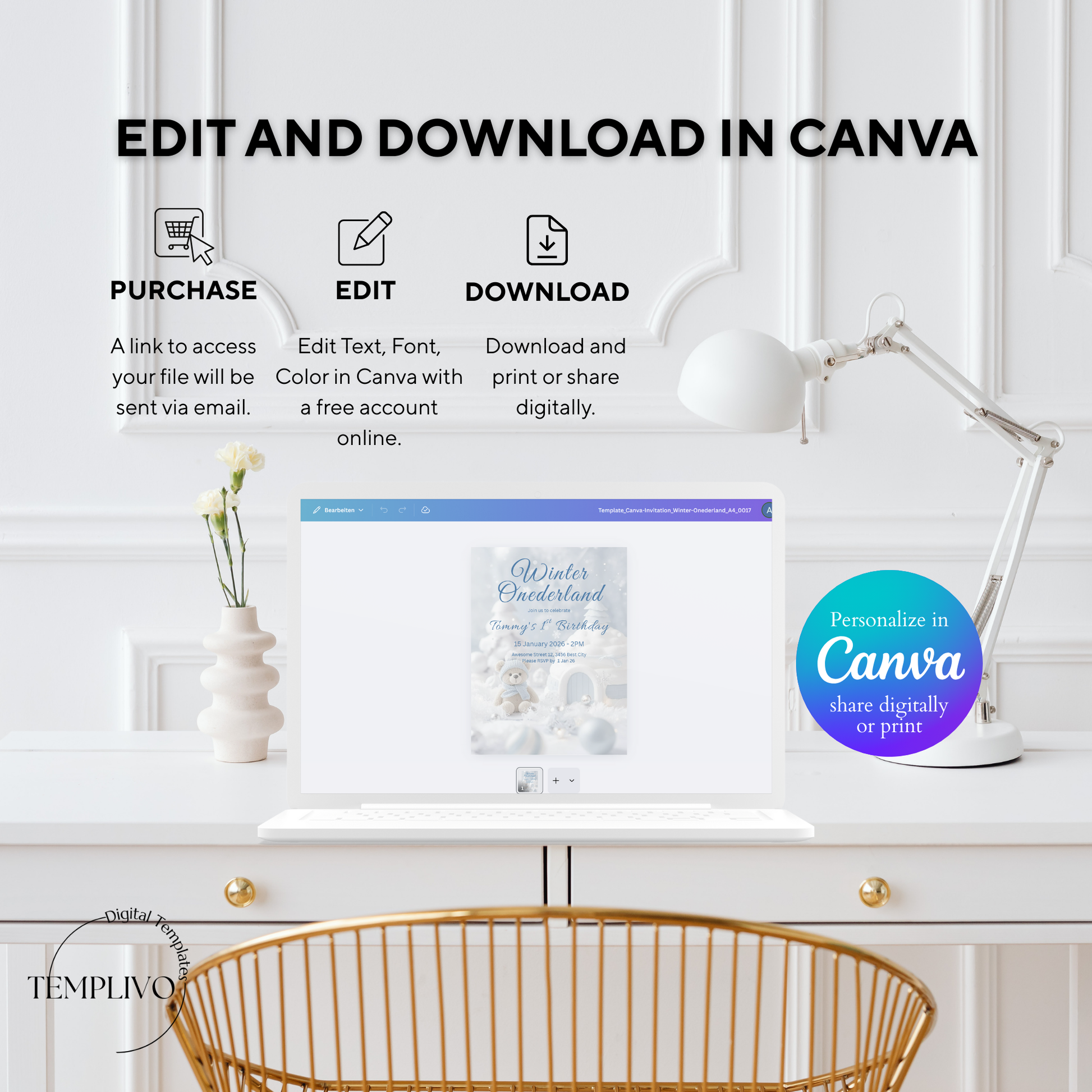 Winter Onederland Invitation, Birthday Invitation, Canva template, Canva Invitation, Winter Onederland, digital template, first birthday boy, 1st birthday, winter invite, polar bear invite, iglu invite, boy winter invite, birthday party, Geburtstagsparty Einladung, Canva Einladung