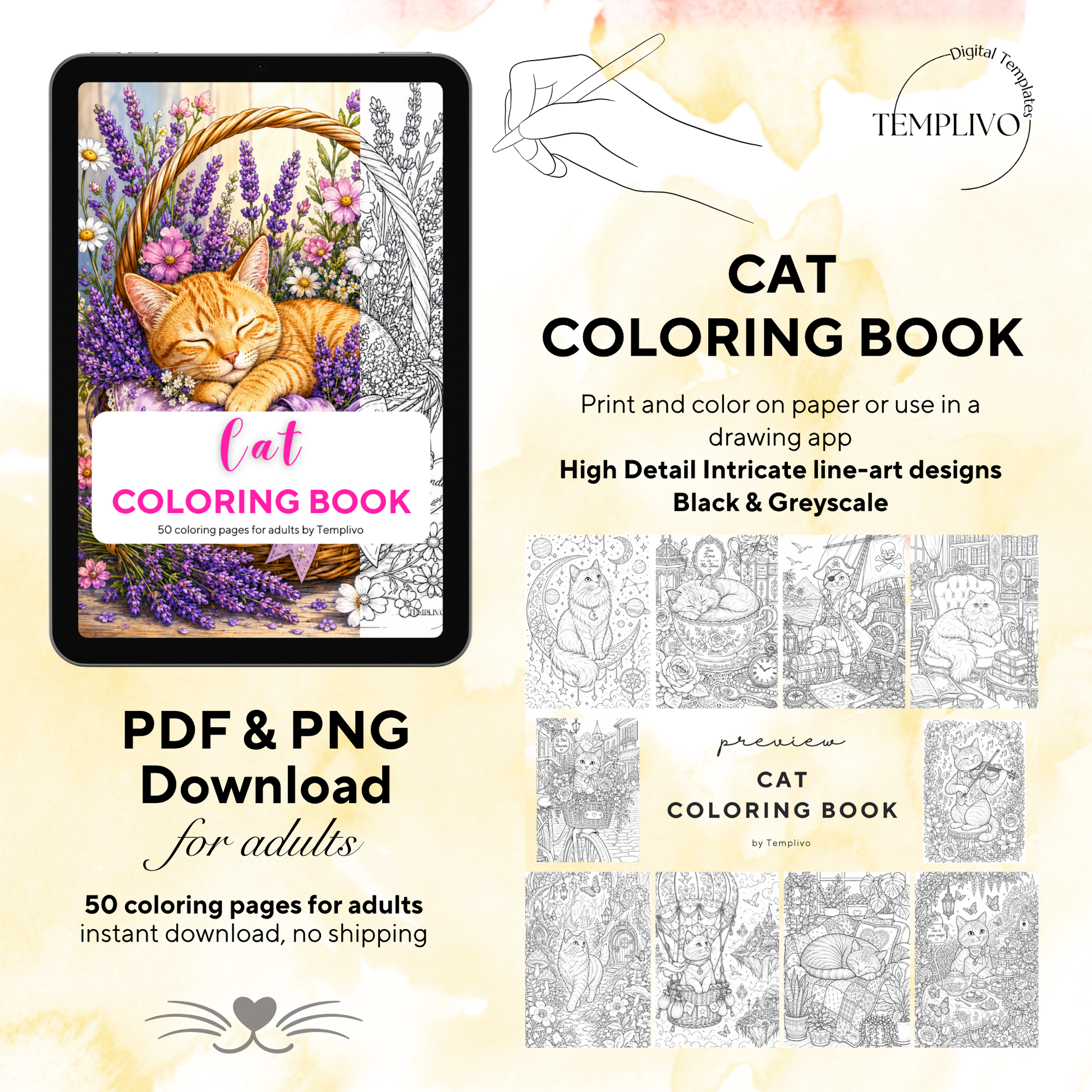 Adult coloring book, Cat coloring book, fantasy, livre de coloriage, pdf, png, cat coloring pages, adult coloring pages, doodle colouring book, fantasy cat colouring pages png, adult coloring pages printable, adult coloring, coloring pages for adults, coloring page digital, Instant download, Intricate, High detail, Line art, best seller, grey scale, Katzen Malvorlagen, Malbuch, Malseiten