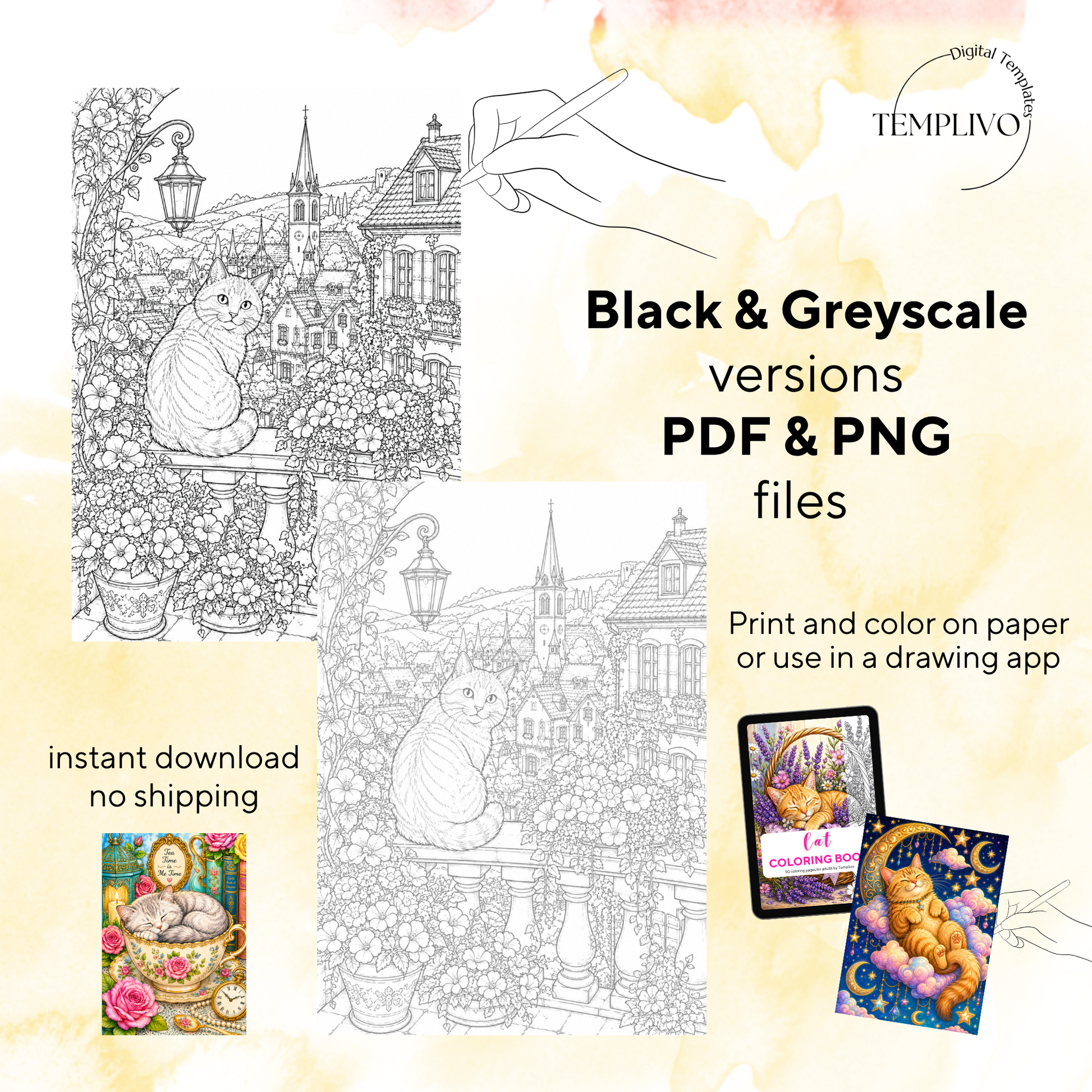 Adult coloring book, Cat coloring book, fantasy, livre de coloriage, pdf, png, cat coloring pages, adult coloring pages, doodle colouring book, fantasy cat colouring pages png, adult coloring pages printable, adult coloring, coloring pages for adults, coloring page digital, Instant download, Intricate, High detail, Line art, best seller, grey scale, Katzen Malvorlagen, Malbuch, Malseiten