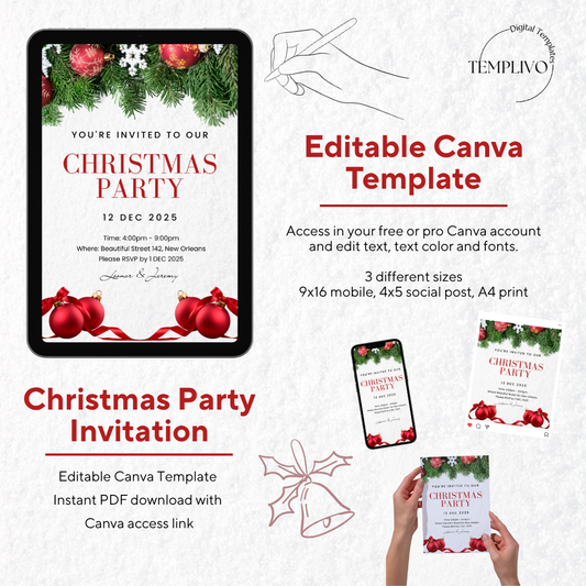 Christmas Party Invitation, Canva template, editable template, printable invitation, digital invitation, electronic invite, Weihnachtsfeier Einladung, Canva Vorlage, christmas invitation, xmas party invite