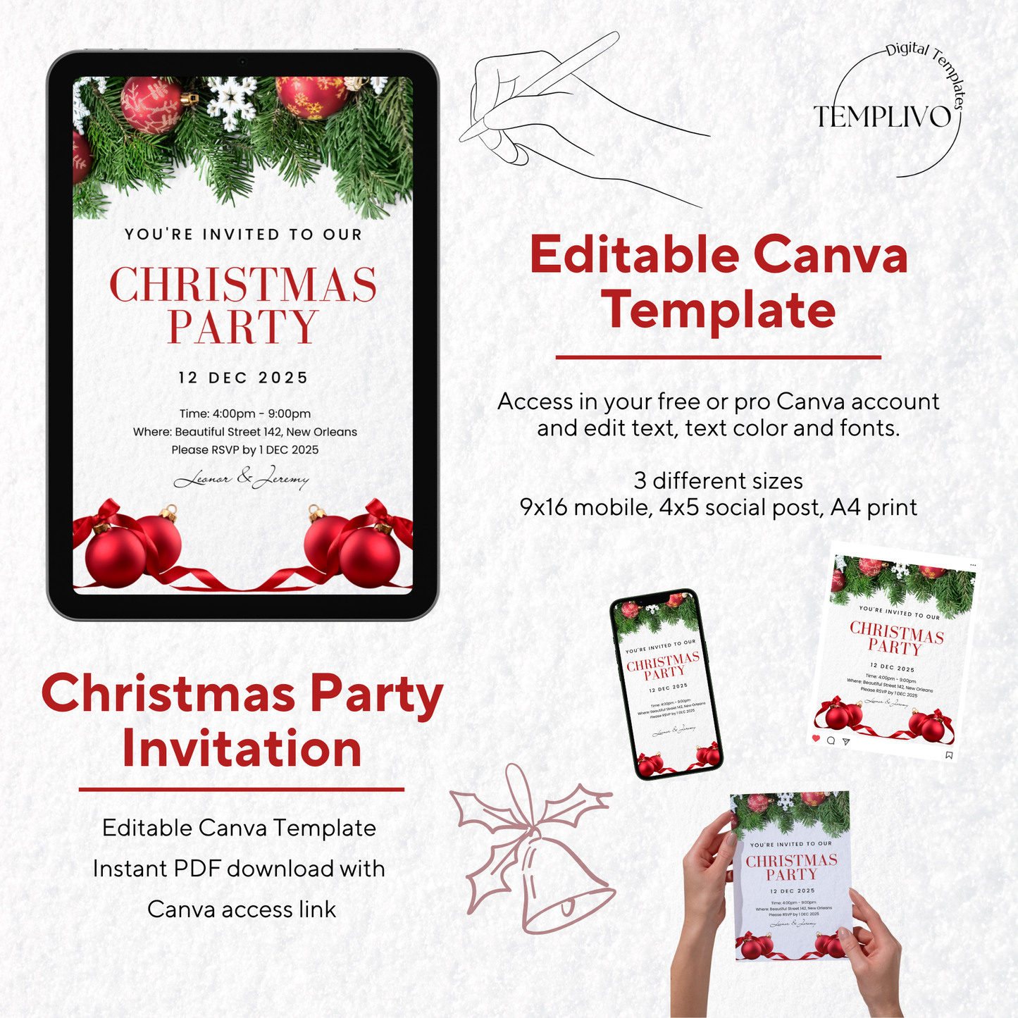 Christmas Party Invitation, canva invitation, Canva template, editable template, printable invitation, digital invitation, electronic invite, Weihnachtsfeier Einladung, Canva Vorlage, christmas invitation, xmas party invite