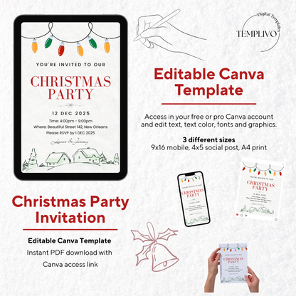 Christmas Party Invitation, Canva Template, canva invitation, editable invitation, digital christmas invitation, christmas party envite, weihnachts party einladung, canva vorlage, printable pdf invitation, digital invite
