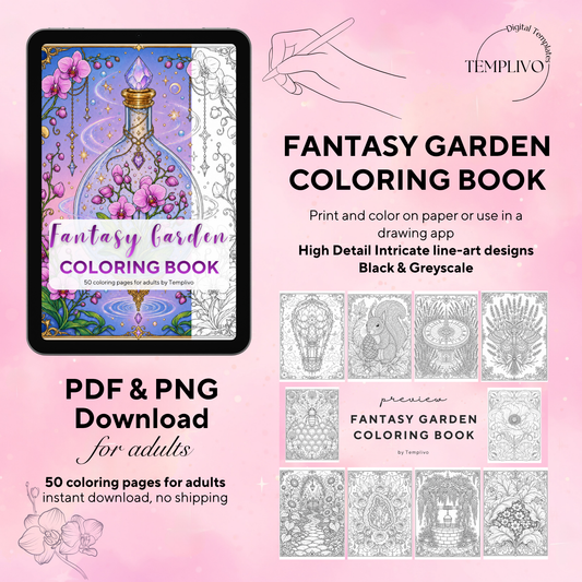 Fantasy Garden coloring book, adult coloring pages, coloring book, garden theme, fantasy colouring, adult coloring book, Malbuch, Malseiten, Blumen, garten, intricate, line-art, high detail black and greyscale, pdf, png, printable coloring sheets, digital coloring,  livres coloriage adulte, doodle coloring,  ausmalbilder erwachsene, digital download, Instant download, Coloring Pages for adults, floral coloring pages