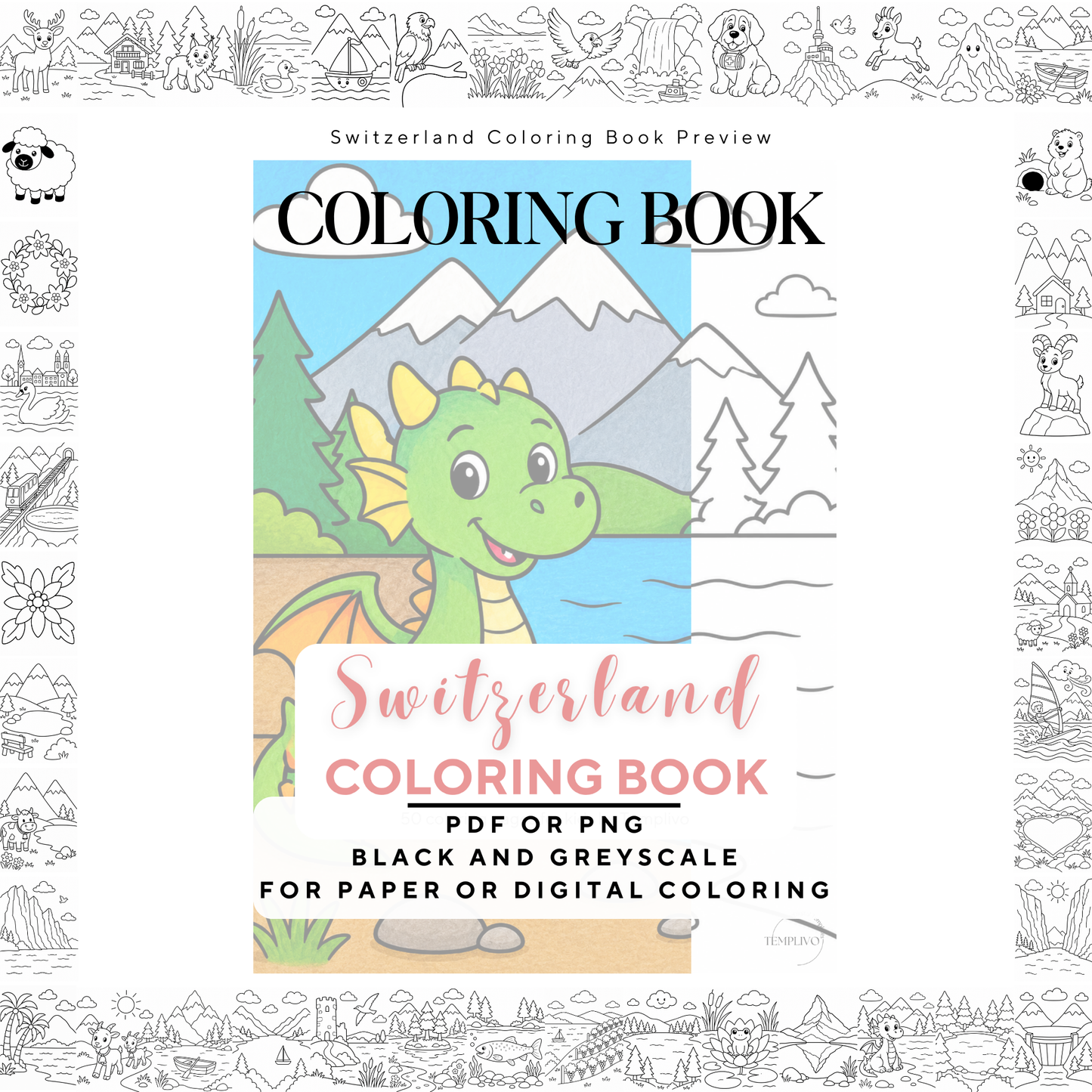 Kids coloring book, switzerland coloring book, swiss, coloriage png, floral coloring pages, children coloring pages, doodle colouring book, forest colouring pages png, animal coloring pages, kids coloring pages printable, childrens coloring, coloring pages for kids, coloring page digital, Instant download, Intricate, High detail, Line art, best seller, grey scale, swissness, Malbuch, Malseiten, Schweiz, Suisse
