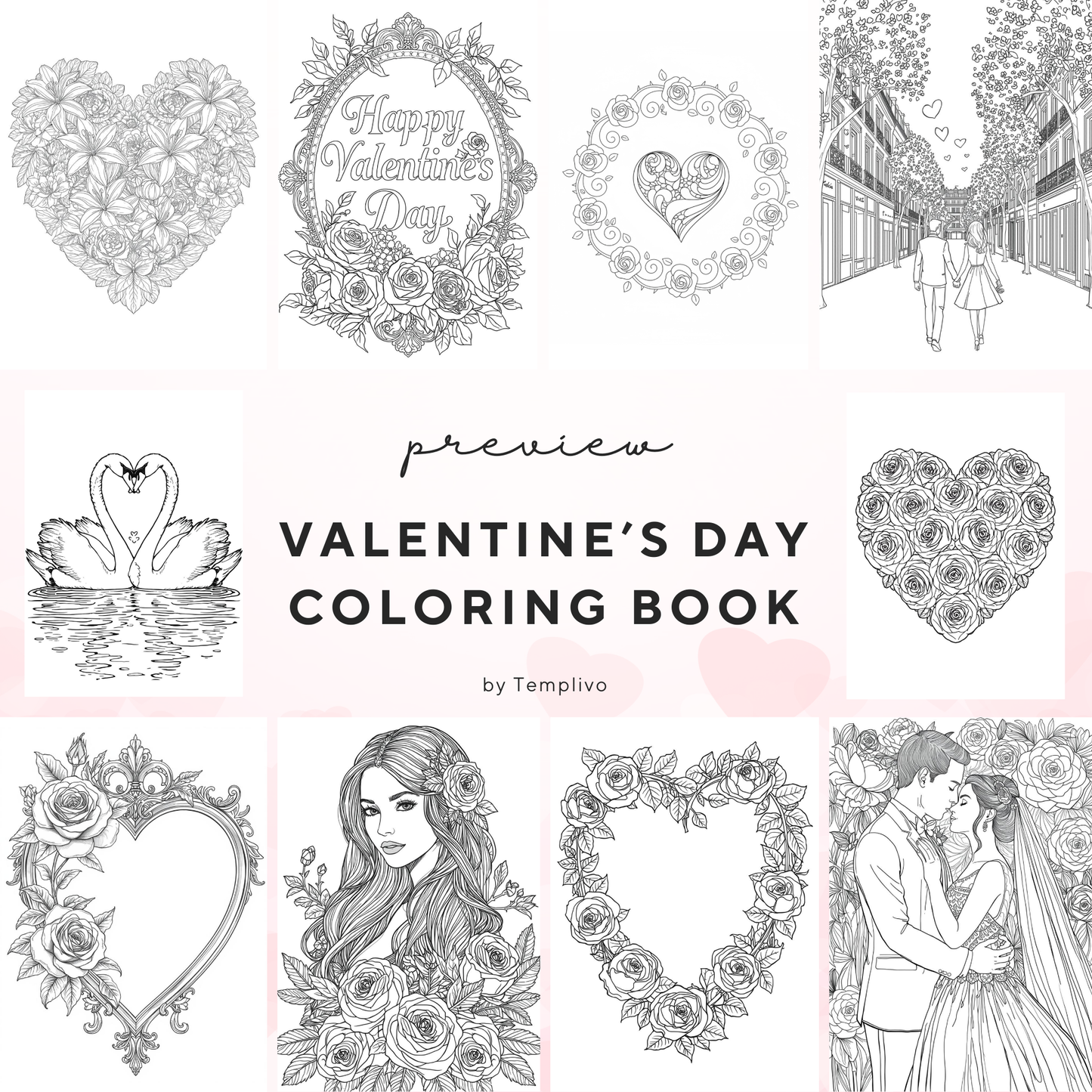 Coloring Book, adult coloring pages, coloring pages, valentines day, valentine day, valentine, love, love theme, digital coloring book, adult coloring book, printable coloring pages, heart coloring book, pdf, png, digital download, Malbuch, livre de coloriage