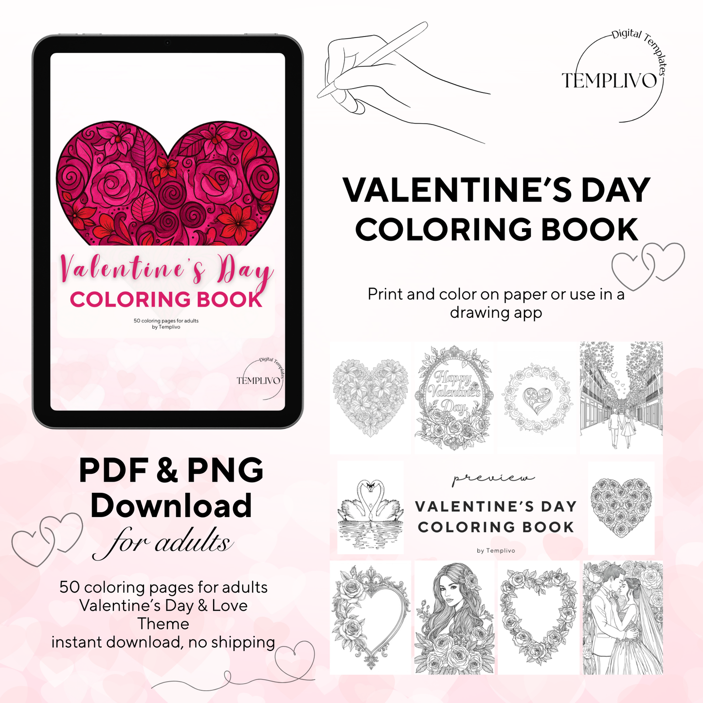 Coloring Book, adult coloring pages, coloring pages, valentines day, valentine day, valentine, love, love theme, digital coloring book, adult coloring book, printable coloring pages, heart coloring book, pdf, png, digital download. Malbuch. livre de colorage