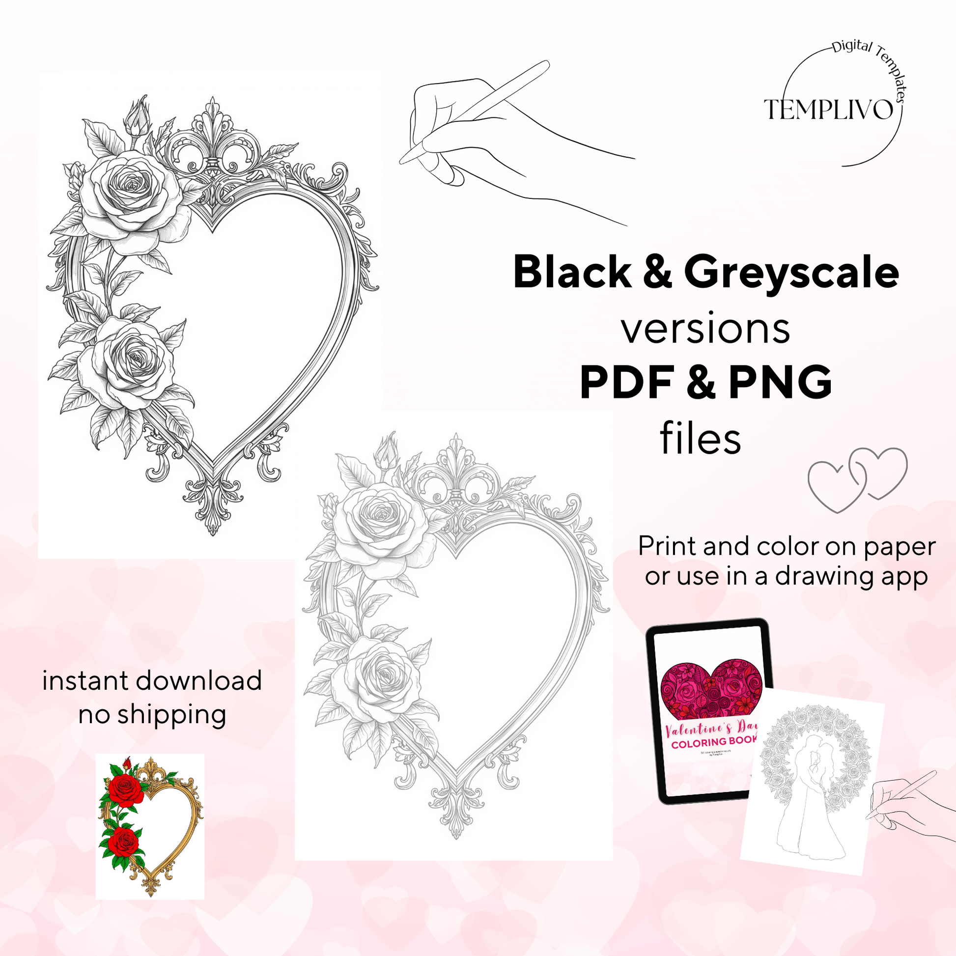 Coloring Book, adult coloring pages, coloring pages, valentines day, valentine day, valentine, love, love theme, digital coloring book, adult coloring book, printable coloring pages, heart coloring book, pdf, png, digital download, Malbuch, livre de coloriage