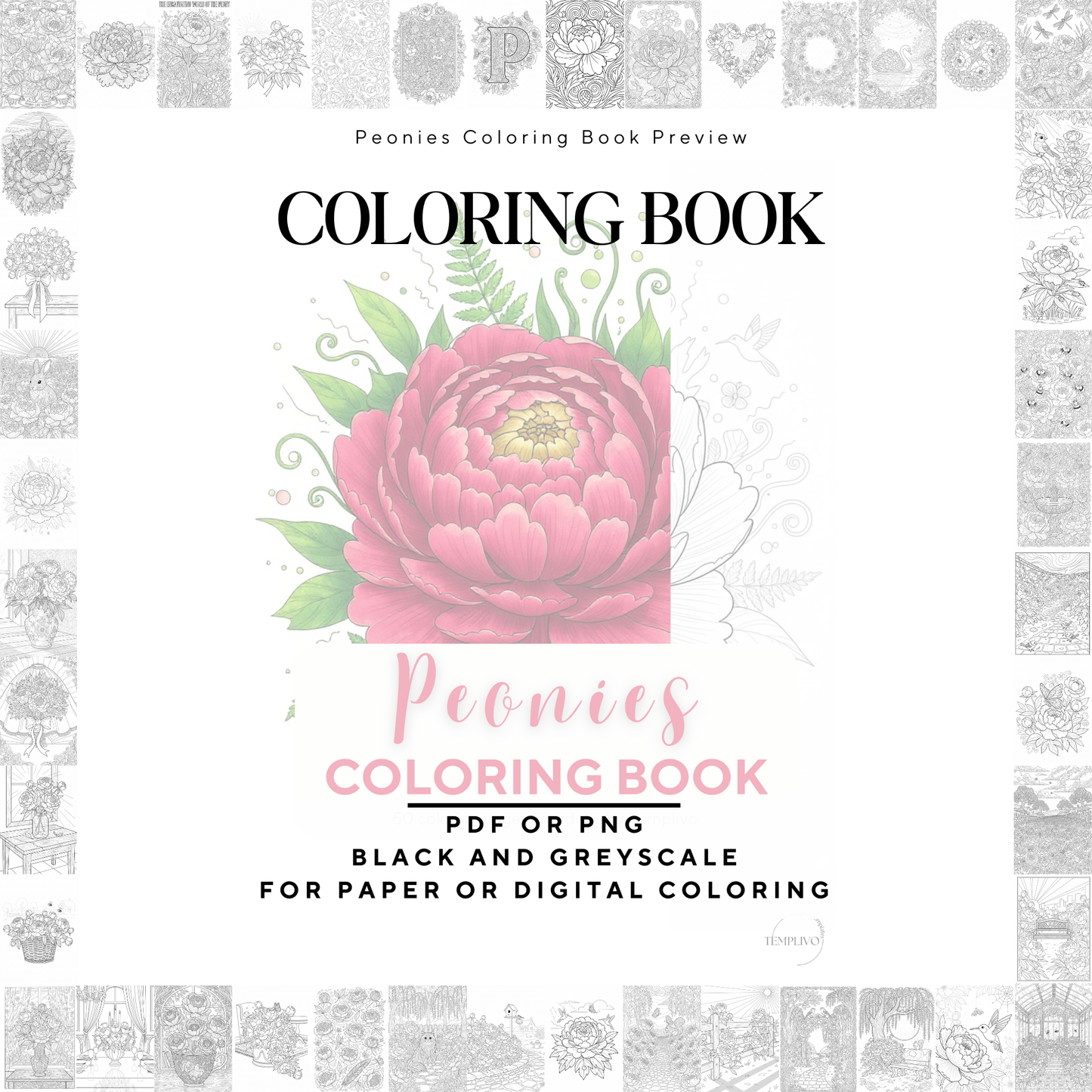 Peony coloring book, adult coloring pages, coloring book, floral theme, peonies colouring, adult coloring book, Malbuch, Malseiten, Blumen, printempds, intricate, line-art, high detail black and greyscale, pdf, png, printable coloring sheets, digital coloring,  livres coloriage adulte, doodle coloring,  ausmalbilder erwachsene, digital download, Instant download, Coloring Pages for adults, flower coloring pages