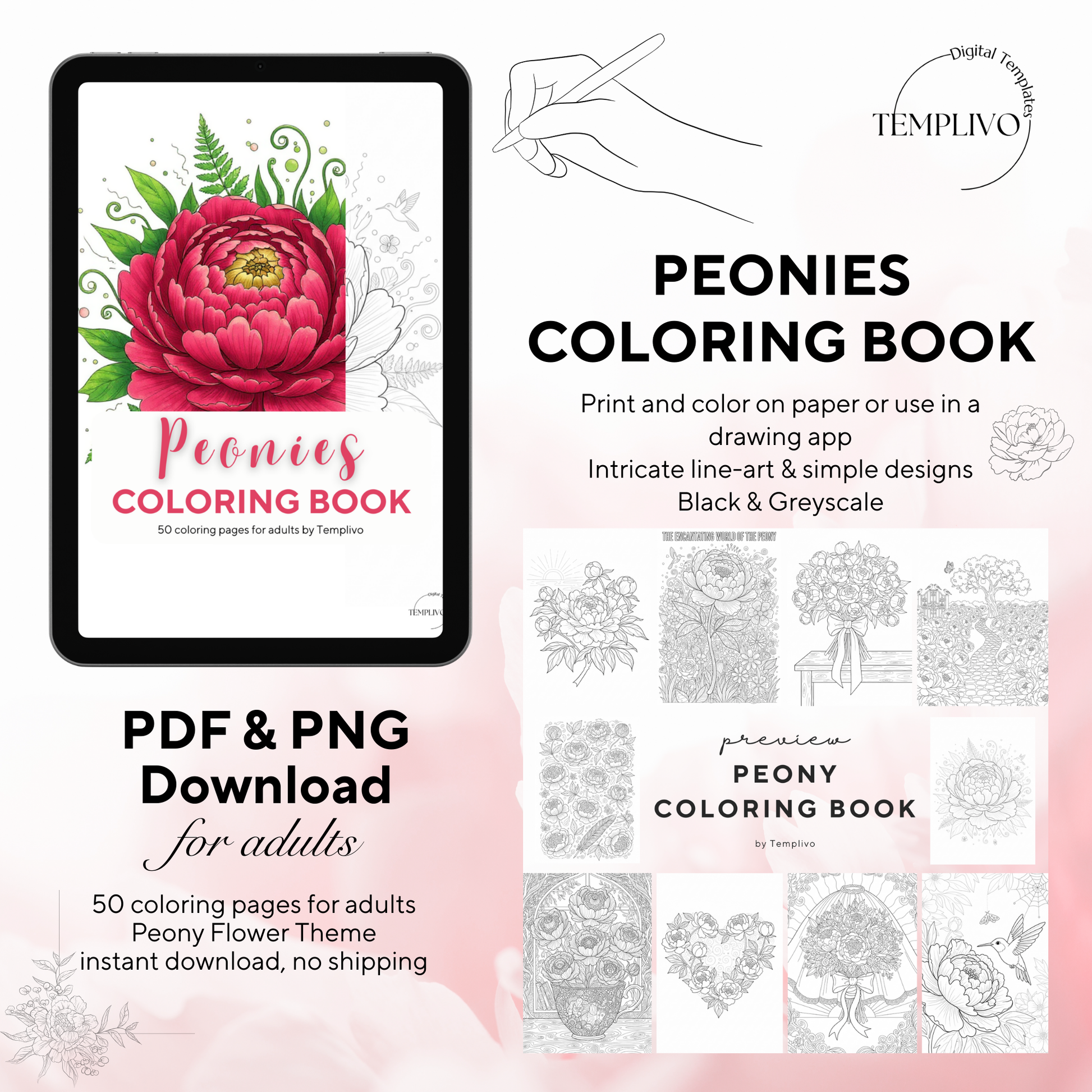 Peony coloring book, adult coloring pages, coloring book, floral theme, peonies colouring, adult coloring book, Malbuch, Malseiten, Blumen, printempds, intricate, line-art, high detail black and greyscale, pdf, png, printable coloring sheets, digital coloring,  livres coloriage adulte, doodle coloring,  ausmalbilder erwachsene, digital download, Instant download, Coloring Pages for adults, flower coloring pages
