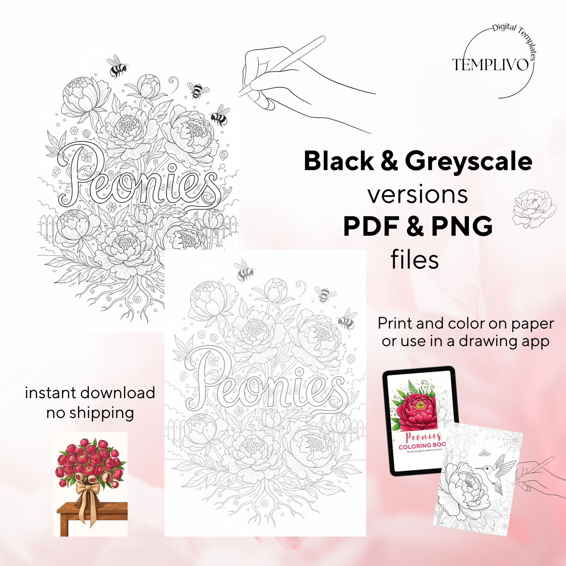Peony coloring book, adult coloring pages, coloring book, floral theme, peonies colouring, adult coloring book, Malbuch, Malseiten, Blumen, printempds, intricate, line-art, high detail black and greyscale, pdf, png, printable coloring sheets, digital coloring,  livres coloriage adulte, doodle coloring,  ausmalbilder erwachsene, digital download, Instant download, Coloring Pages for adults, flower coloring pages