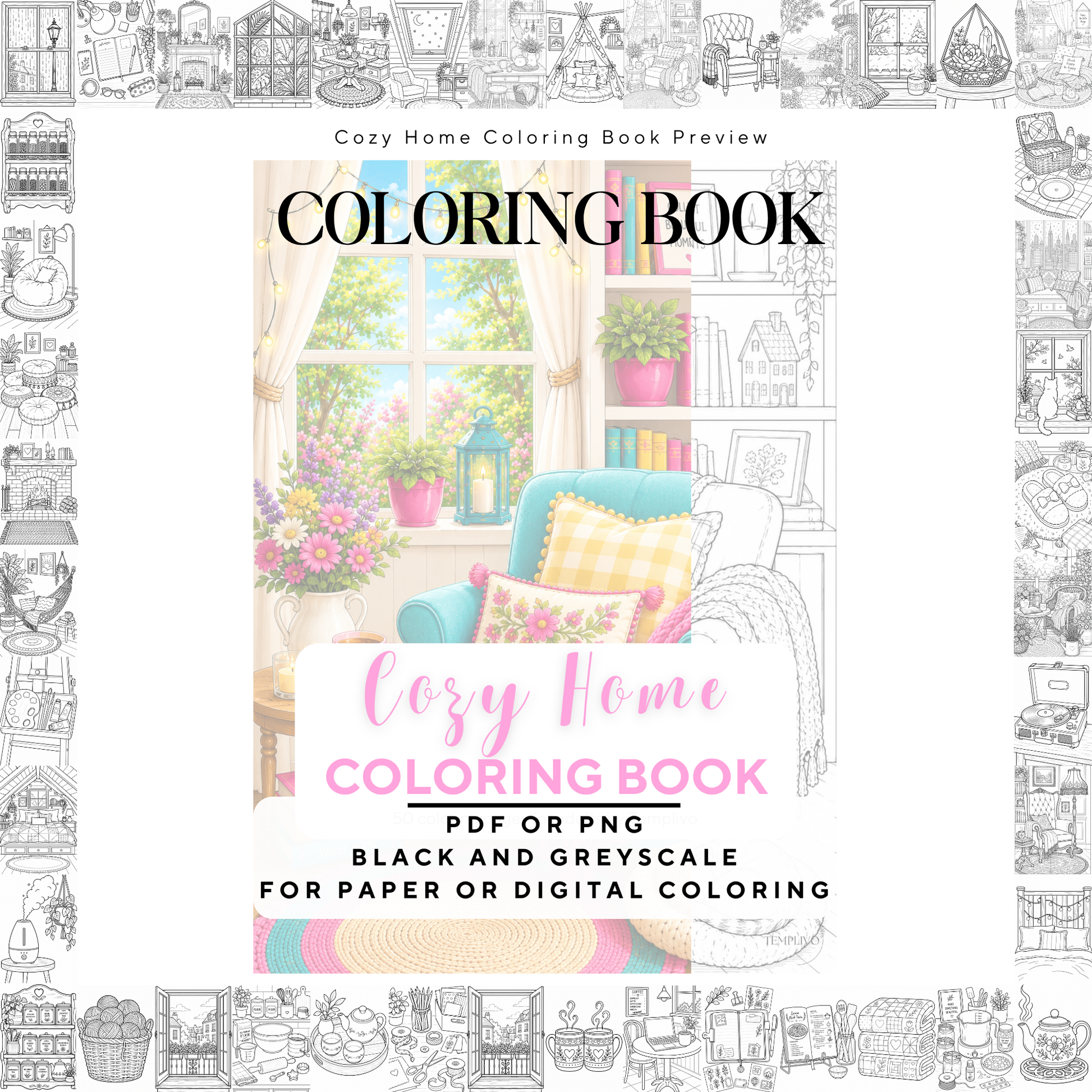 Adult coloring book, Cozy Home  coloring book, cozy, coloriage png, home coloring pages, adult coloring pages, doodle colouring book, vacation colouring pages png, adult coloring pages printable, adult coloring, coloring pages for adults, coloring page digital, Instant download, Intricate, High detail, Line art, best seller, grey scale, gemütliches Zuhasuse, Malbuch, Malseiten