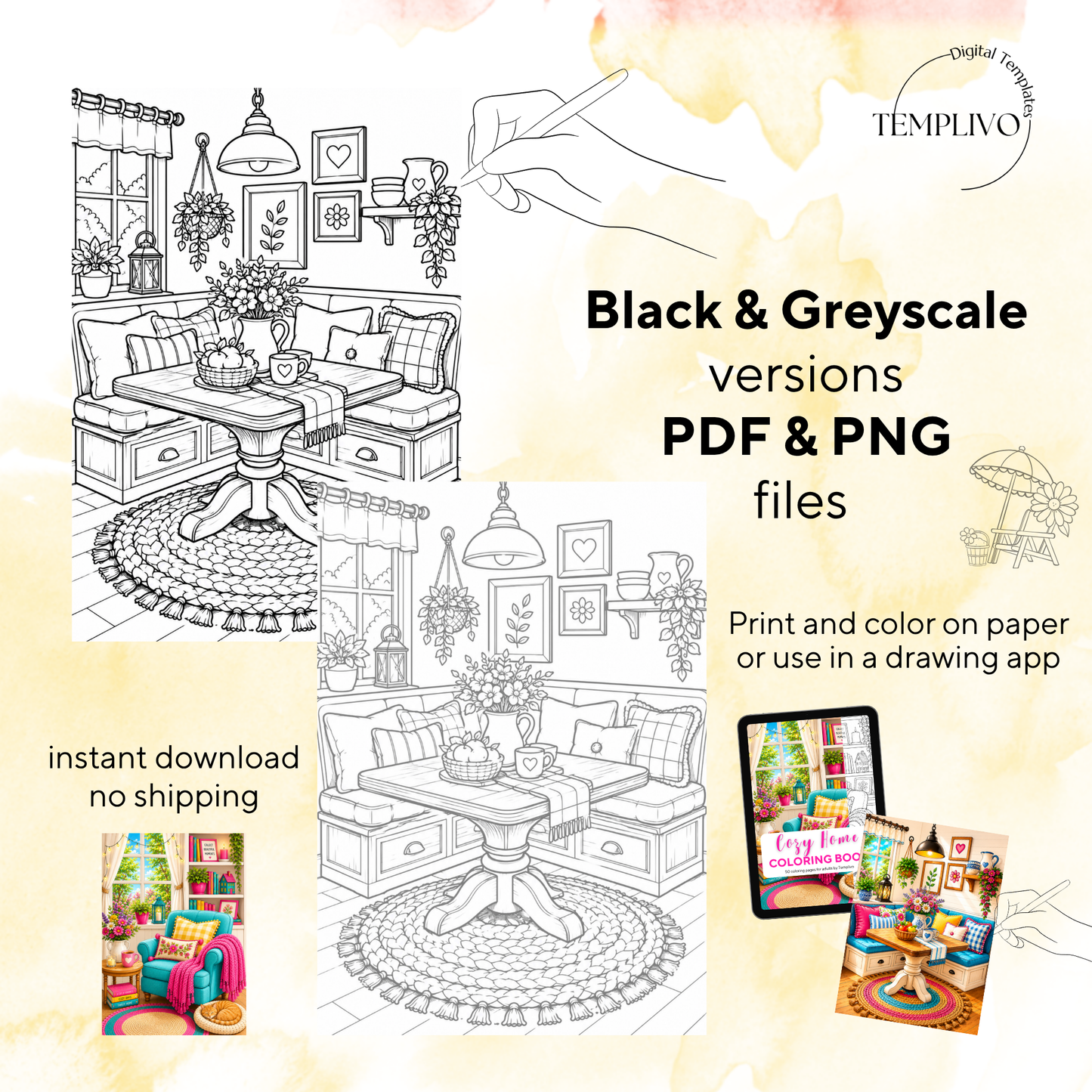 Adult coloring book, Cozy Home  coloring book, cozy, coloriage png, home coloring pages, adult coloring pages, doodle colouring book, vacation colouring pages png, adult coloring pages printable, adult coloring, coloring pages for adults, coloring page digital, Instant download, Intricate, High detail, Line art, best seller, grey scale, gemütliches Zuhasuse, Malbuch, Malseiten