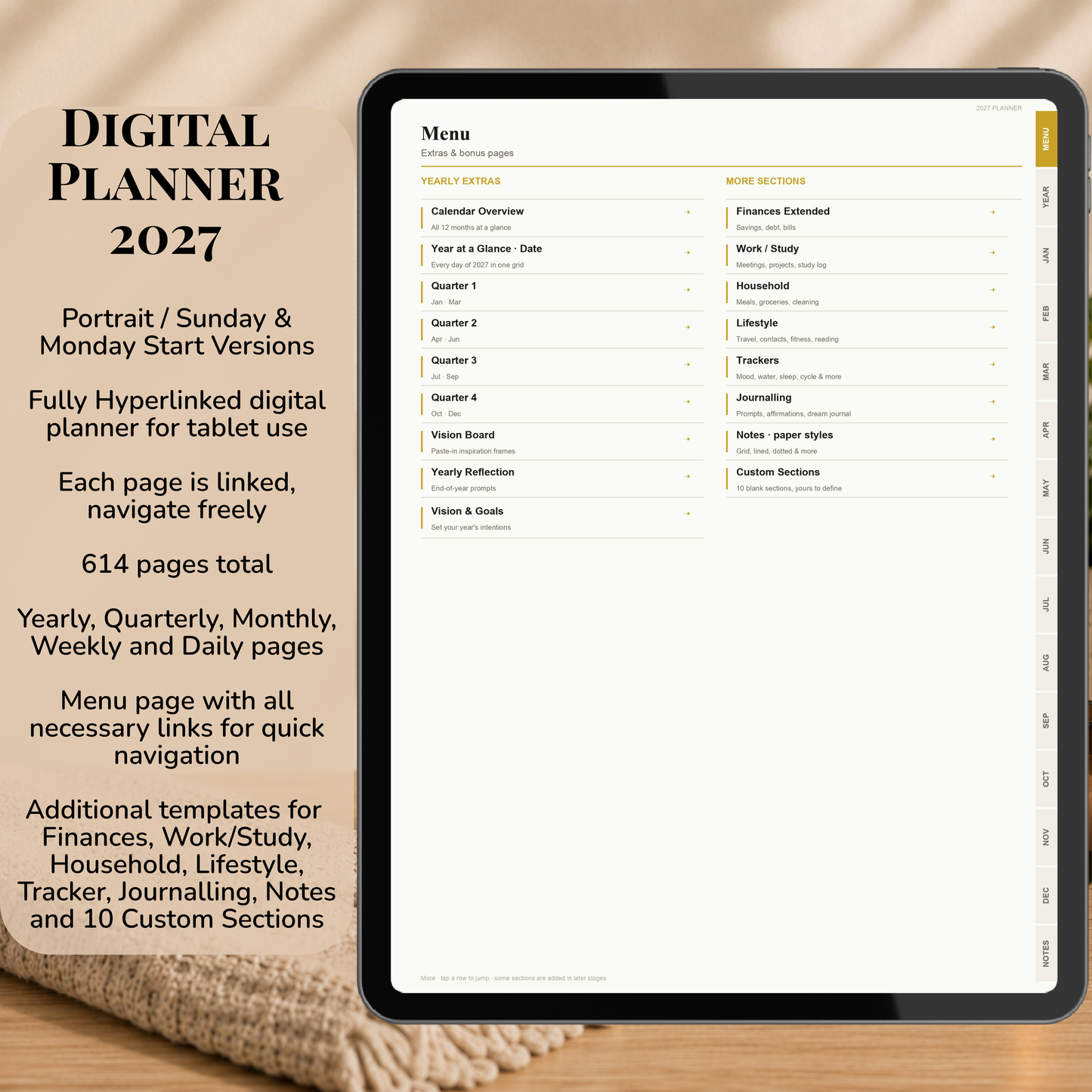Digital Planner 2027, Sunday Monday start, light mode, Digitaler Planer, Digital Planner, Sonntag Montag Start, portrait orientation, planner, Digital planner, Digital Planner 2027, journal for samsung notes, goodnotes and ipad, daily, weekly and monthly pages with lifestyle templates, daily planner, weekly planner, monthly planner, digital planner, goodnotes planner, hell modus, notebook, adhd planner, hyperlinked, digital download, 2027 calendar, digitaler planer, digitale agenda, digital notebook