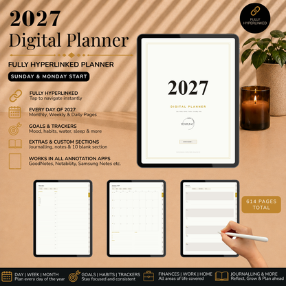 Digital Planner 2027, Sunday Monday start, light mode, Digitaler Planer, Digital Planner, Sonntag Montag Start, portrait orientation, planner, Digital planner, Digital Planner 2027, journal for samsung notes, goodnotes and ipad, daily, weekly and monthly pages with lifestyle templates, daily planner, weekly planner, monthly planner, digital planner, goodnotes planner, hell modus, notebook, adhd planner, hyperlinked, digital download, 2027 calendar, digitaler planer, digitale agenda, digital notebook