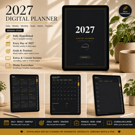 Digital Planner 2027, Monday start, dark mode, Digitaler Planer, Digital Planner, portrait orientation, planner, Digital planner, Digital Planner 2027 - Monday Start, journal for samsung notes, goodnotes and ipad, daily, weekly and monthly pages with lifestyle templates, daily planner, weekly planner, monthly planner, digital planner, goodnotes planner, digital journal, notebook, adhd planner, hyperlinked, digital download, 2027 calendar, digitaler planer, digitale agenda, digital notebook