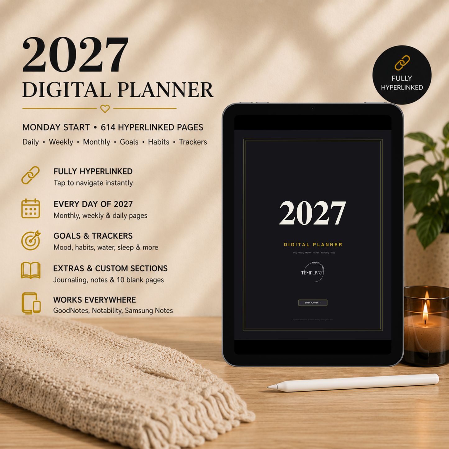 Digital Planner 2027, Monday start, dark mode, Digitaler Planer, Digital Planner, portrait orientation, planner, Digital planner, Digital Planner 2027 - Monday Start, journal for samsung notes, goodnotes and ipad, daily, weekly and monthly pages with lifestyle templates, daily planner, weekly planner, monthly planner, digital planner, goodnotes planner, digital journal, notebook, adhd planner, hyperlinked, digital download, 2027 calendar, digitaler planer, digitale agenda, digital notebook