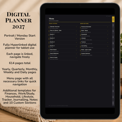 Digital Planner 2027, Monday start, dark mode, Digitaler Planer, Digital Planner, portrait orientation, planner, Digital planner, Digital Planner 2027 - Monday Start, journal for samsung notes, goodnotes and ipad, daily, weekly and monthly pages with lifestyle templates, daily planner, weekly planner, monthly planner, digital planner, goodnotes planner, digital journal, notebook, adhd planner, hyperlinked, digital download, 2027 calendar, digitaler planer, digitale agenda, digital notebook