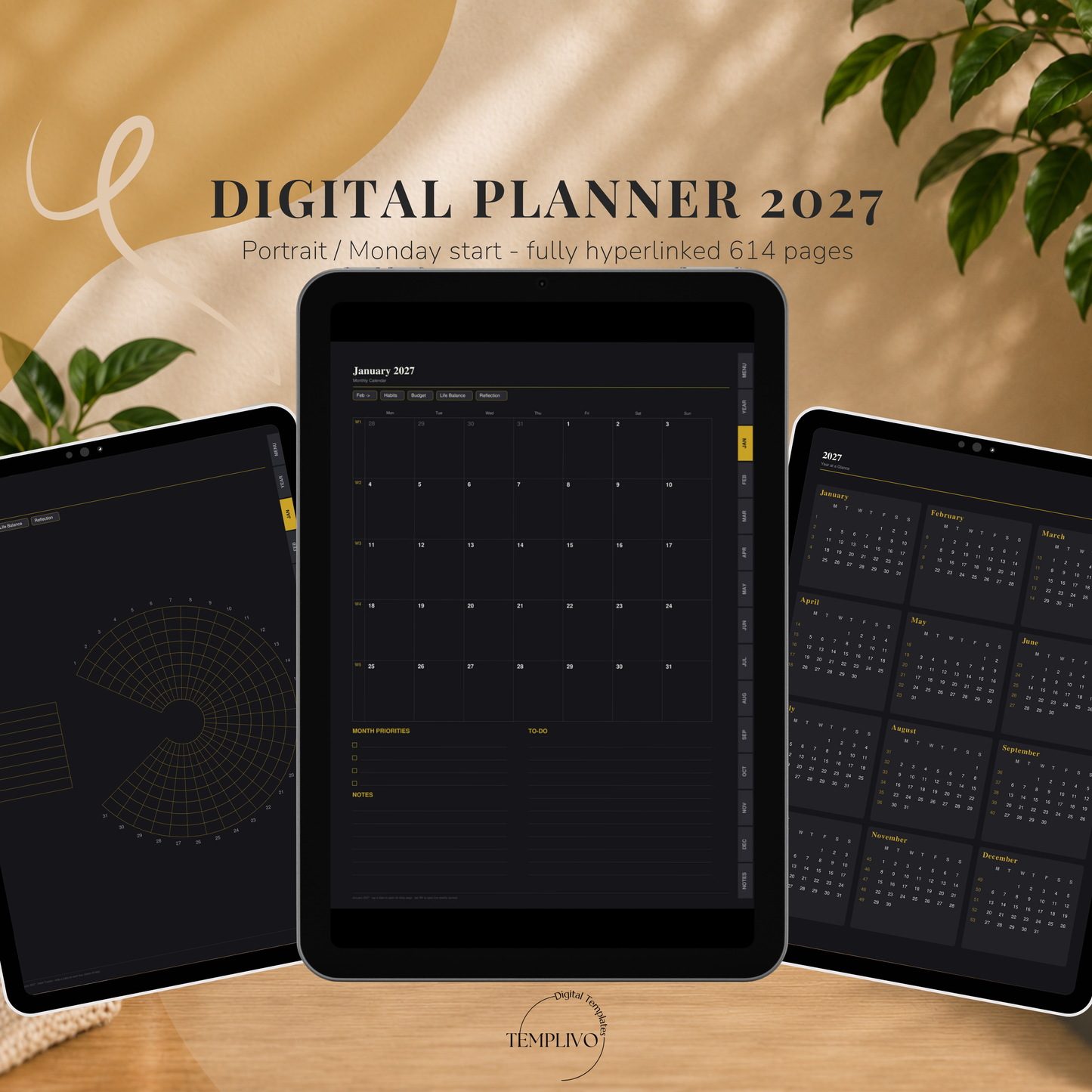 Digital Planner 2027, Monday start, dark mode, Digitaler Planer, Digital Planner, portrait orientation, planner, Digital planner, Digital Planner 2027 - Monday Start, journal for samsung notes, goodnotes and ipad, daily, weekly and monthly pages with lifestyle templates, daily planner, weekly planner, monthly planner, digital planner, goodnotes planner, digital journal, notebook, adhd planner, hyperlinked, digital download, 2027 calendar, digitaler planer, digitale agenda, digital notebook