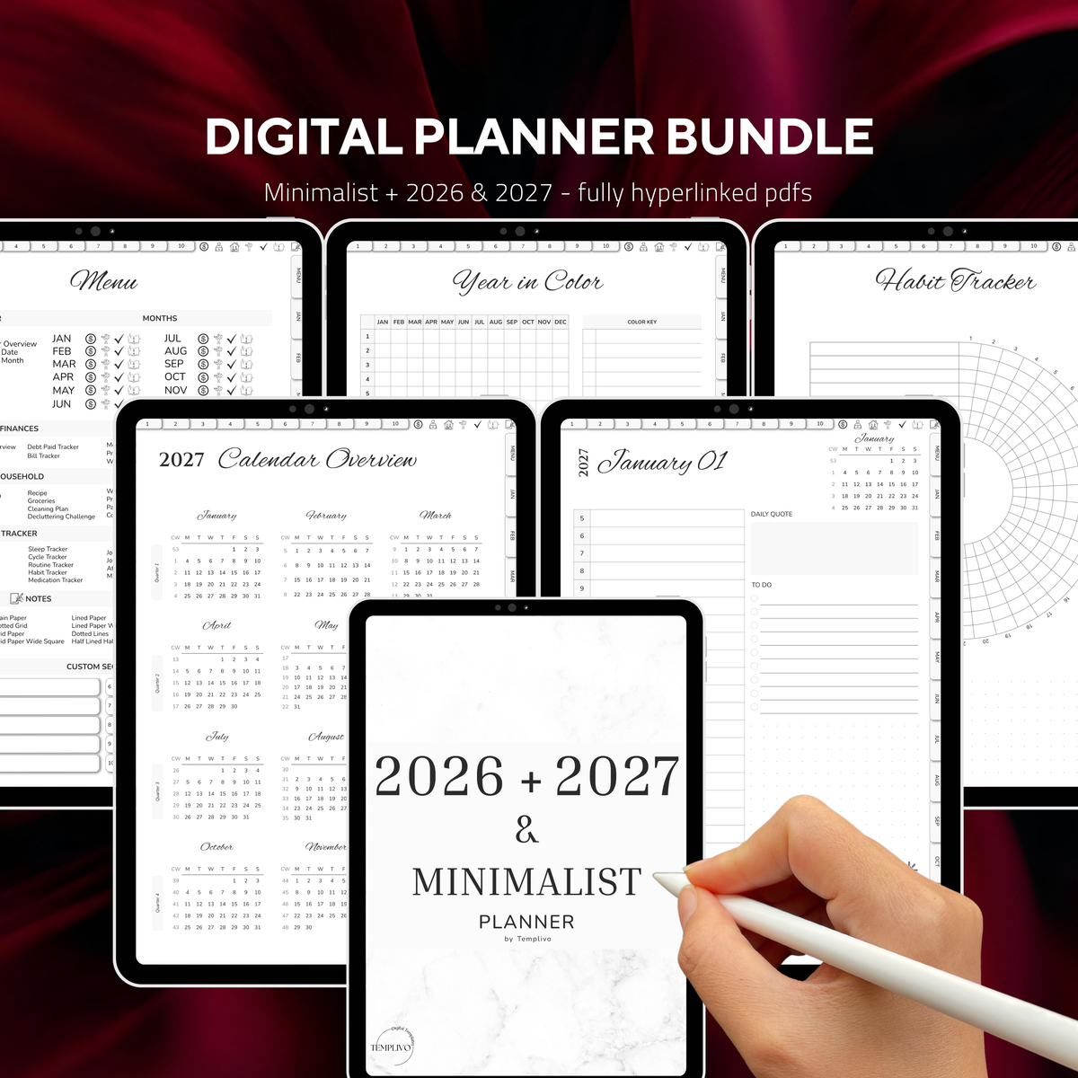 Digital Planner Bundle, minimalist planner, 2027 digital agenda, Digitaler Planer, portrait orientation, Sunday and monday start planner, printable planner, Digital calendar 2027 2026, journal for samsung notes, goodnotes and ipad, daily, weekly and monthly pages with lifestyle templates, daily, weekly planner, monthly planner, digital planner, goodnotes planner, digital journal, notebook, adhd planner, hyperlinked, digital download, 2028 calendar, digitaler planer, digitale agenda, agenda numerique
