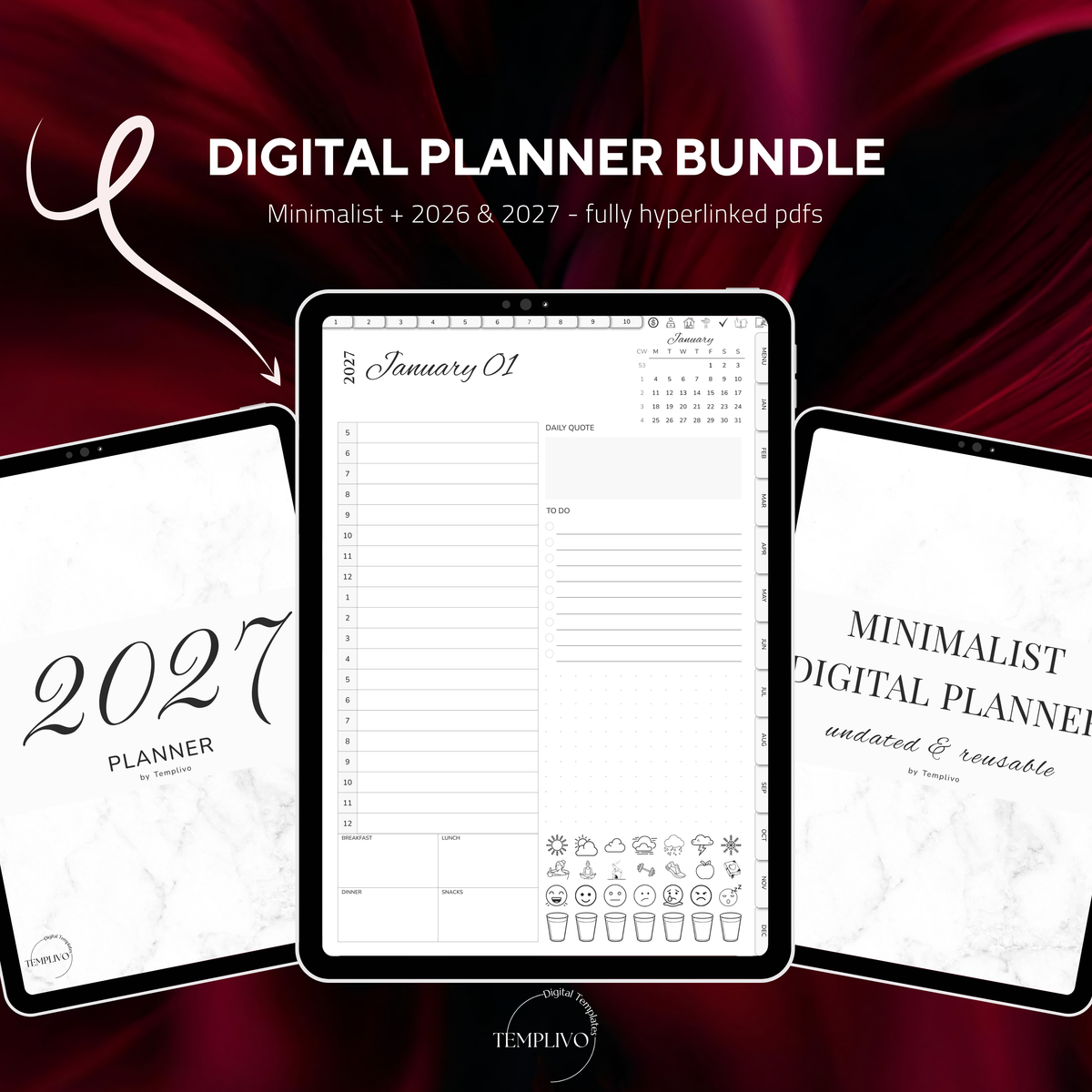 Digital Planner Bundle, minimalist planner, 2027 digital agenda, Digitaler Planer, portrait orientation, Sunday and monday start planner, printable planner, Digital calendar 2027 2026, journal for samsung notes, goodnotes and ipad, daily, weekly and monthly pages with lifestyle templates, daily, weekly planner, monthly planner, digital planner, goodnotes planner, digital journal, notebook, adhd planner, hyperlinked, digital download, 2028 calendar, digitaler planer, digitale agenda, agenda numerique