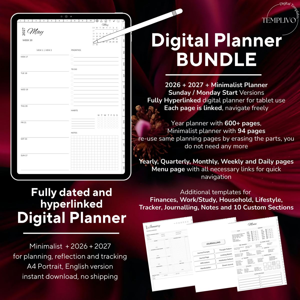 Digital Planner Bundle, minimalist planner, 2027 digital agenda, Digitaler Planer, portrait orientation, Sunday and monday start planner, printable planner, Digital calendar 2027 2026, journal for samsung notes, goodnotes and ipad, daily, weekly and monthly pages with lifestyle templates, daily, weekly planner, monthly planner, digital planner, goodnotes planner, digital journal, notebook, adhd planner, hyperlinked, digital download, 2028 calendar, digitaler planer, digitale agenda, agenda numerique