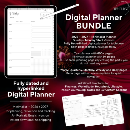 Digital Planner Bundle, minimalist planner, 2027 digital agenda, Digitaler Planer, portrait orientation, Sunday and monday start planner, printable planner, Digital calendar 2027 2026, journal for samsung notes, goodnotes and ipad, daily, weekly and monthly pages with lifestyle templates, daily, weekly planner, monthly planner, digital planner, goodnotes planner, digital journal, notebook, adhd planner, hyperlinked, digital download, 2028 calendar, digitaler planer, digitale agenda, agenda numerique