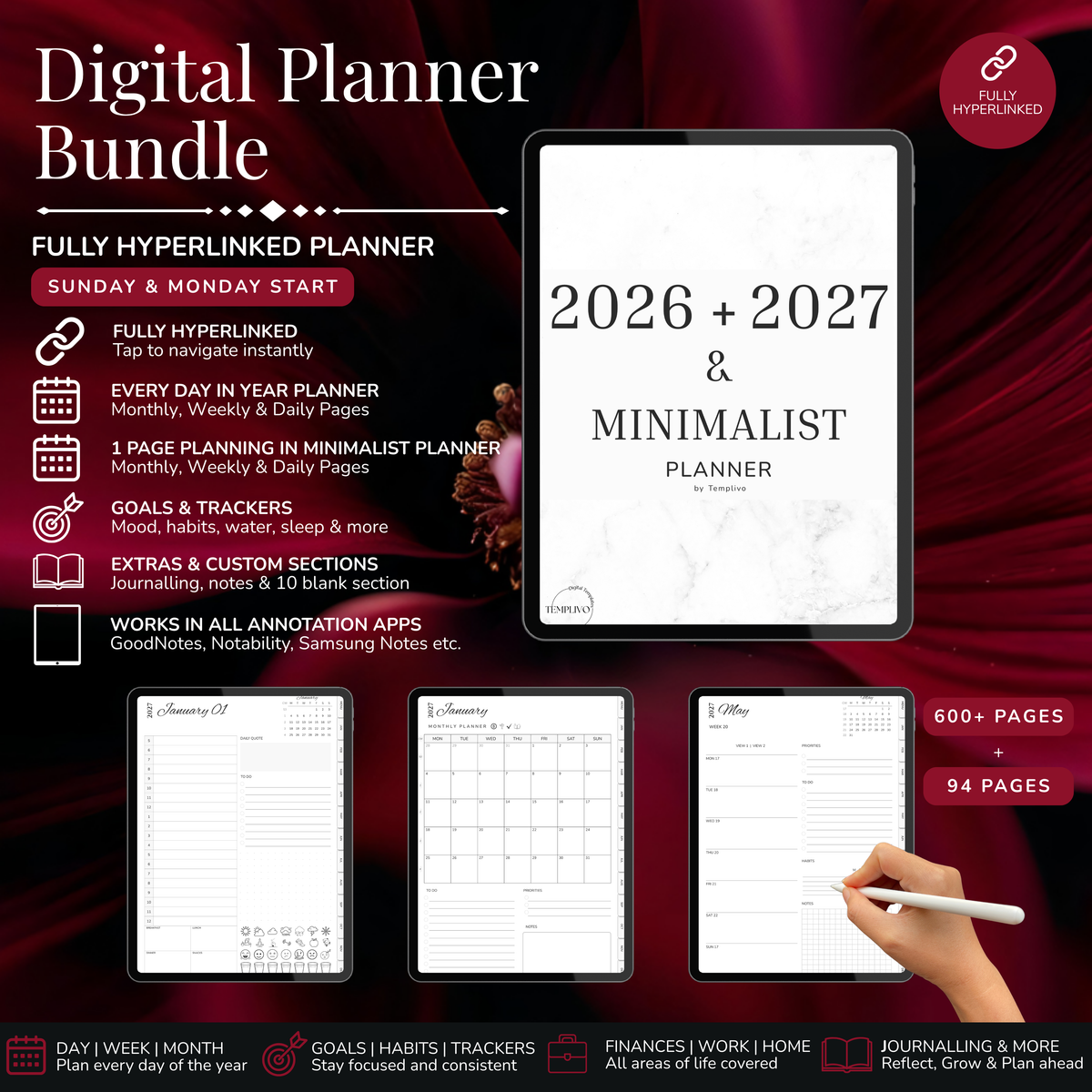 Digital Planner Bundle, minimalist planner, 2027 digital agenda, Digitaler Planer, portrait orientation, Sunday and monday start planner, printable planner, Digital calendar 2027 2026, journal for samsung notes, goodnotes and ipad, daily, weekly and monthly pages with lifestyle templates, daily, weekly planner, monthly planner, digital planner, goodnotes planner, digital journal, notebook, adhd planner, hyperlinked, digital download, 2028 calendar, digitaler planer, digitale agenda, agenda numerique