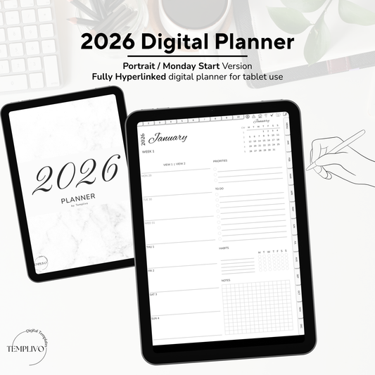 Digital Planner, Digitaler Planer, 2026 Digital Planner, portrait orientation, Monday start planner, printable planner, Digital planner 2026