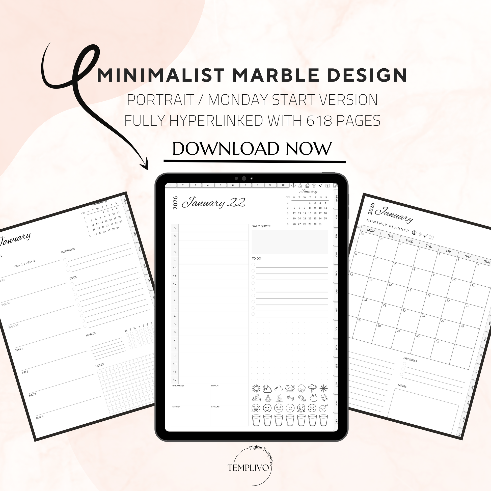 Digital Planner, Digitaler Planer, 2026 Digital Planner, portrait orientation, Monday start planner, printable planner, Digital planner 2026