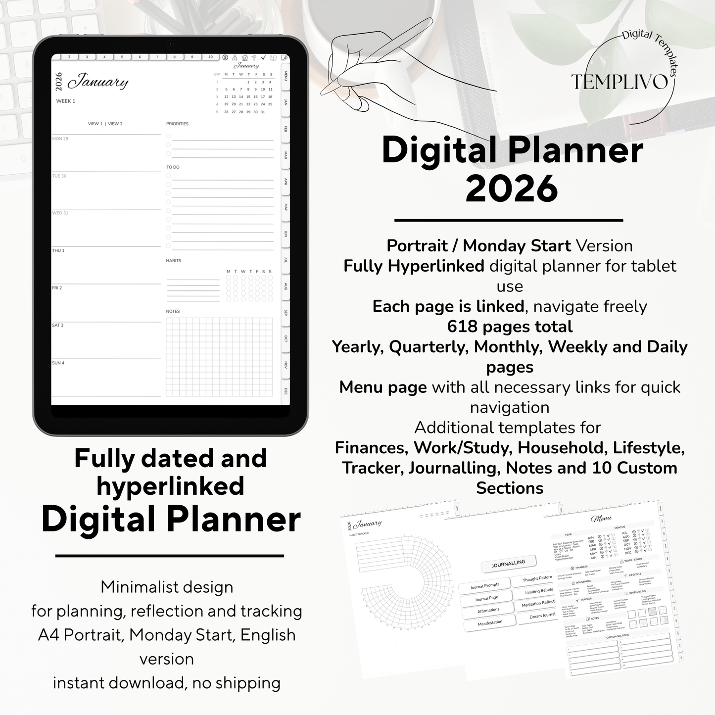 Digital Planner, Digitaler Planer, 2026 Digital Planner, portrait orientation, Monday start planner, printable planner, Digital planner 2026