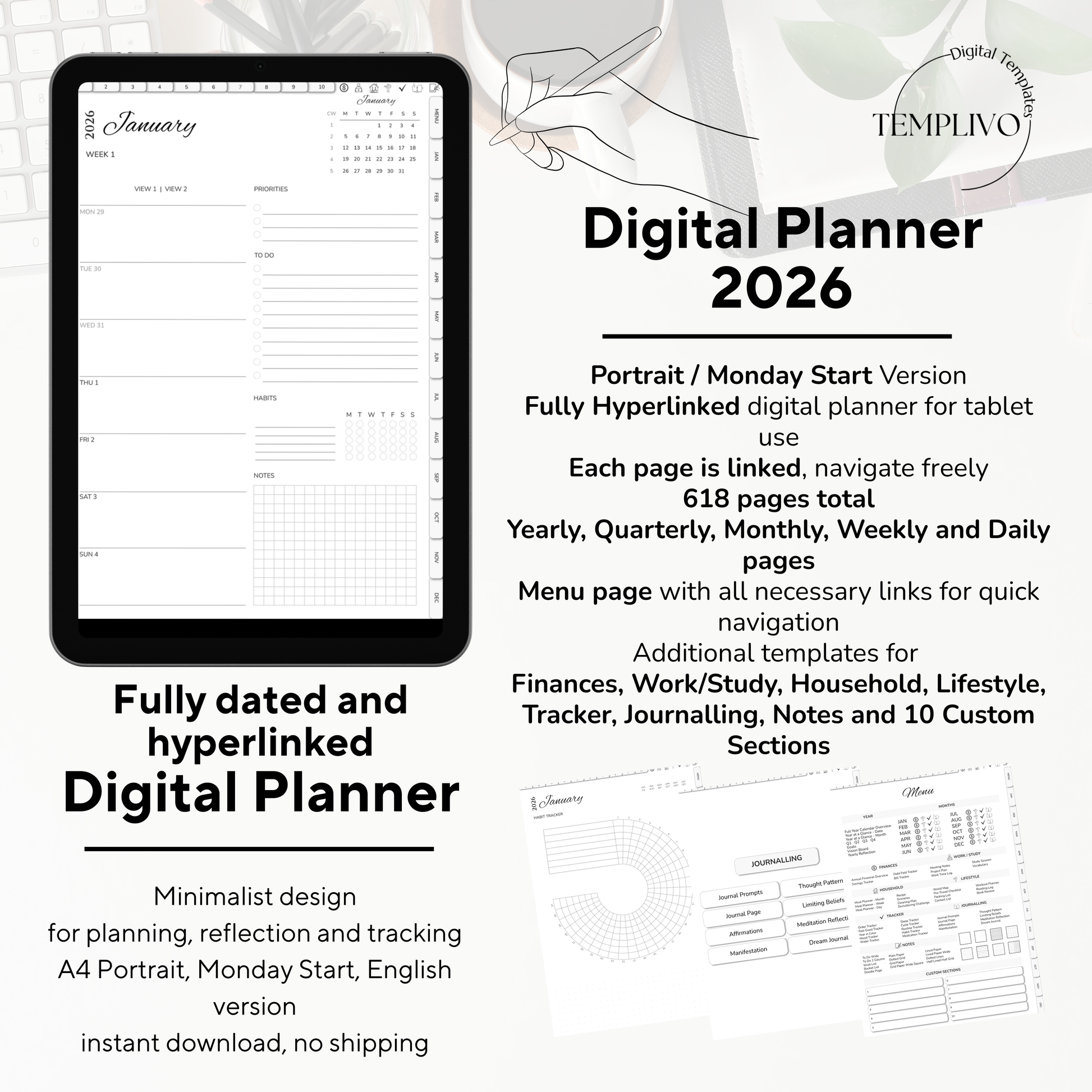 Digital Planner, Digitaler Planer, 2026 Digital Planner, portrait orientation, Monday start planner, printable planner, Digital planner 2026