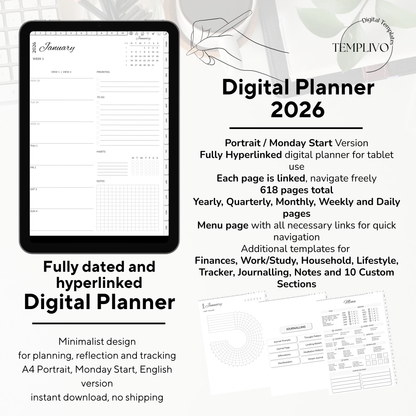 Digital Planner, Digitaler Planer, 2026 Digital Planner, portrait orientation, Monday start planner, printable planner, Digital planner 2026