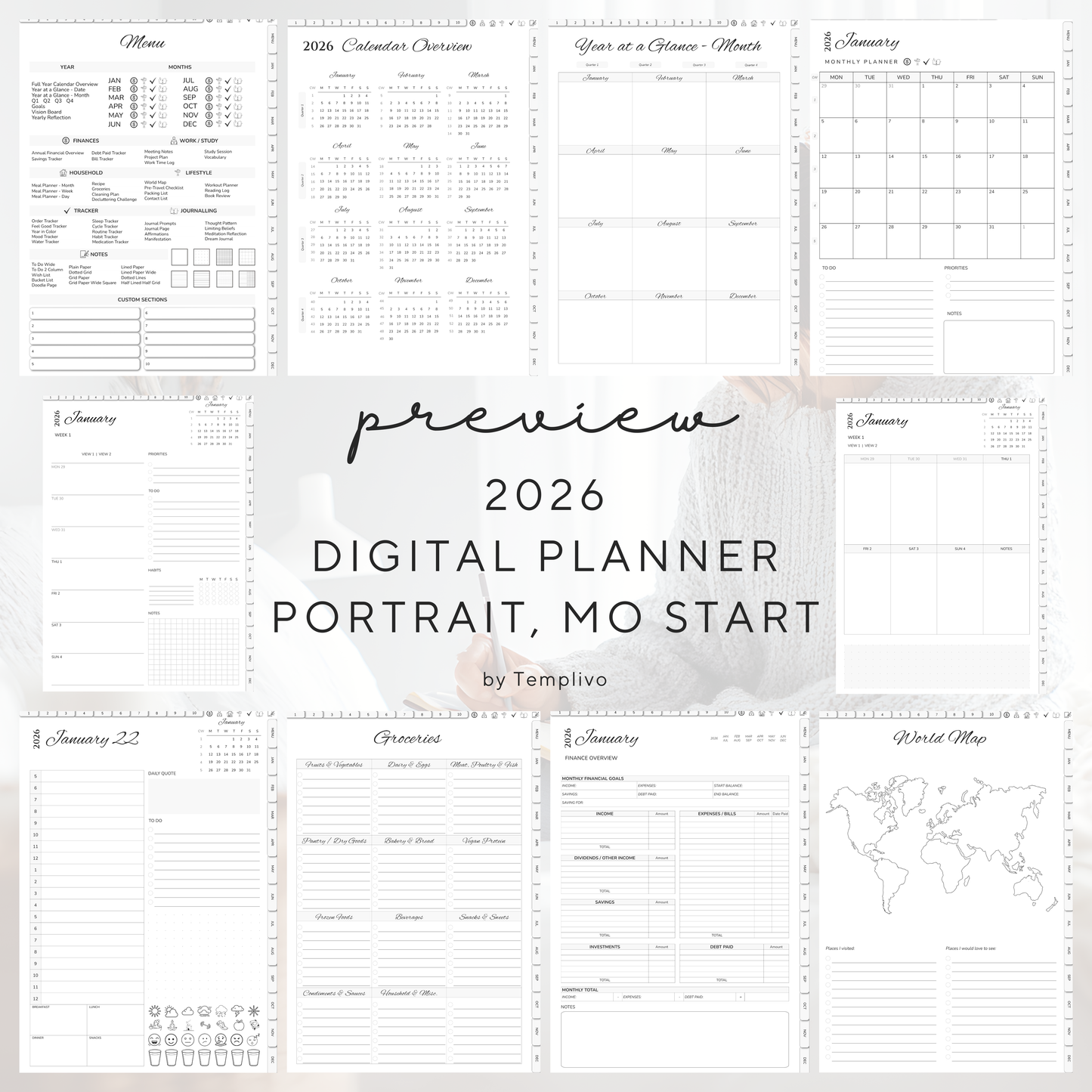 Digital Planner, Digitaler Planer, 2026 Digital Planner, portrait orientation, Monday start planner, printable planner, Digital planner 2026