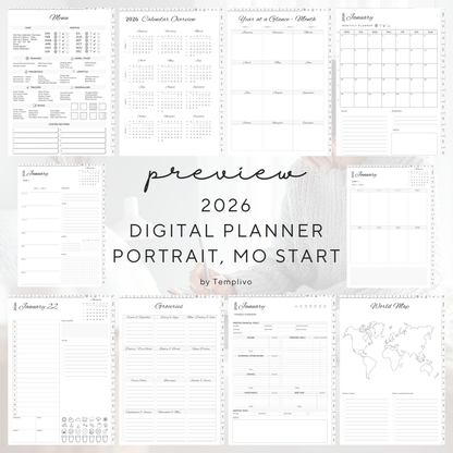 Digital Planner, Digitaler Planer, 2026 Digital Planner, portrait orientation, Monday start planner, printable planner, Digital planner 2026