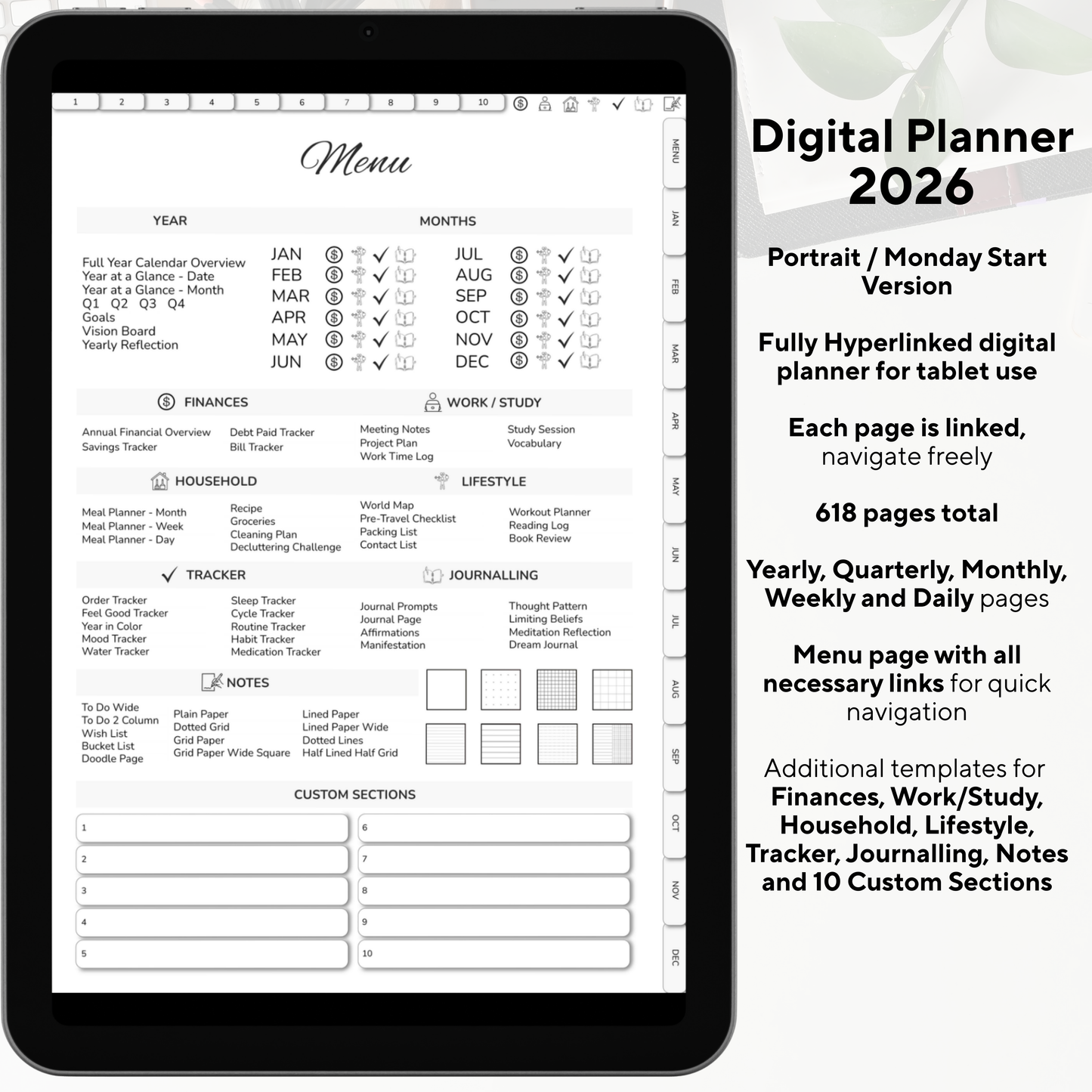 Digital Planner, Digitaler Planer, 2026 Digital Planner, portrait orientation, Monday start planner, printable planner, Digital planner 2026